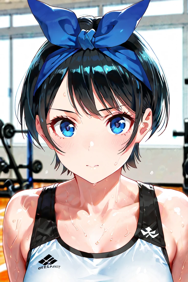 Asian、blue eyes、short hair、girl、sports bra、spats、Overall image、angry、I'm embarrassed、big breasts