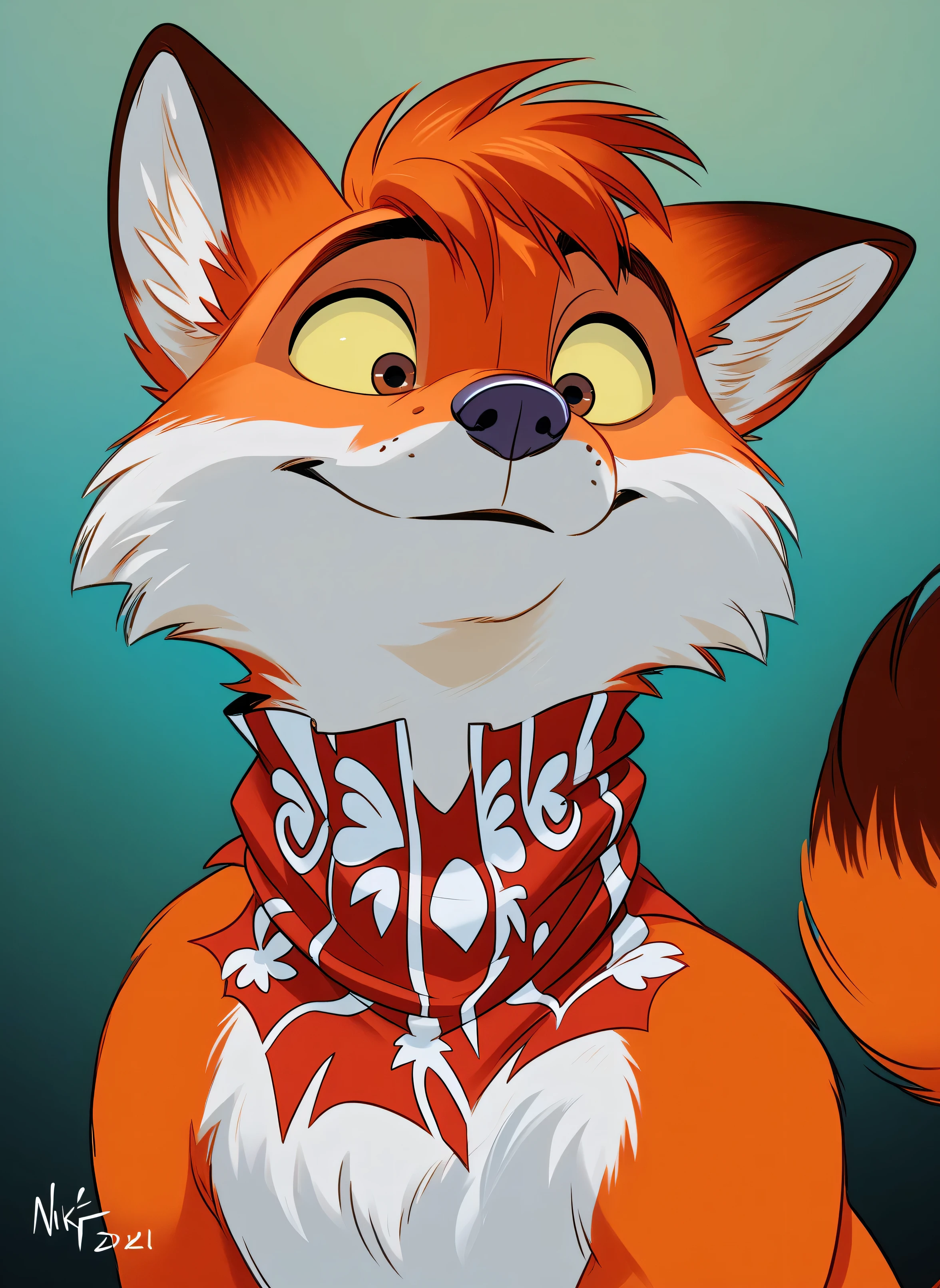 NickWilde, brown eyes, yellow sclera, solo, detailed, detailed face, black eyes, anthro body, male, adult, muscular, cartoon shading, cel shaded:1.0, flat colors, (no background, white background):1.5, shirtless, wfa style, negger style, cartoony anatomy, above waist, looking at viewer, posing, smile