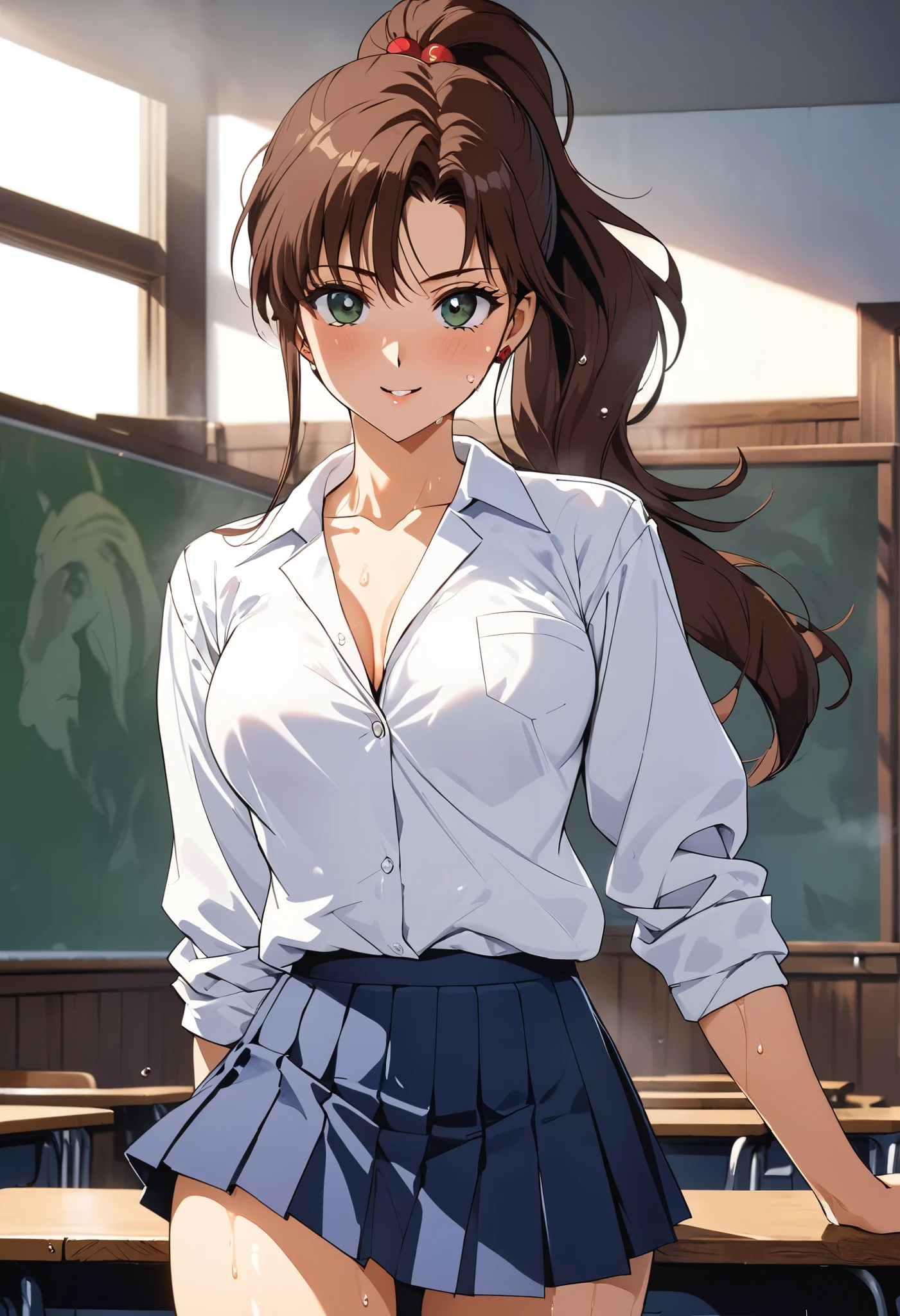 masterpiece, Best Quality, High resolution,16k,official art,super detailed skin,detailed,animated painting, (Makoto Kino),1990s \(style\),(highschool uniform,white long-sleave shirt,mini skirt:1.2)、(E-cup beautiful breasts)、clevage, (tall:1.2),height: 170cm,Fashion model body type、Sweating all over the body、vapor、Muscular、(sexy),nsfw,Sweaty、Configuration from the front、happy,simle,Ahegao、Anime-style painting style,Brown Hair、Ponytail Hair、Composition focusing on the upper body,Cinematic lighting,Ultra-fine,magnificent view、The background is the school during the day,sexy pose