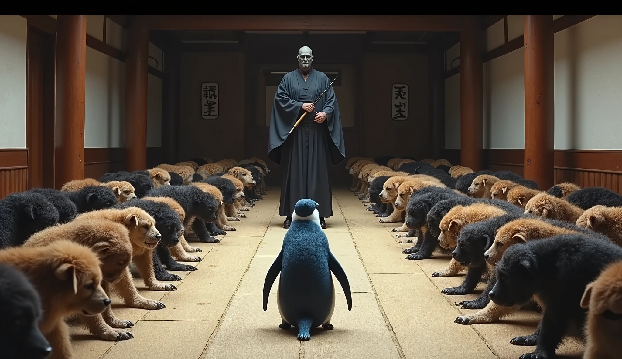 In the interior of a Japanese temple, there are 50 people on all fours. In the front row, there is a realistic blue penguin. All the people are mimicking dogs, acting as if they are dogs. A scary figure, standing as an instructor, holds a weapon