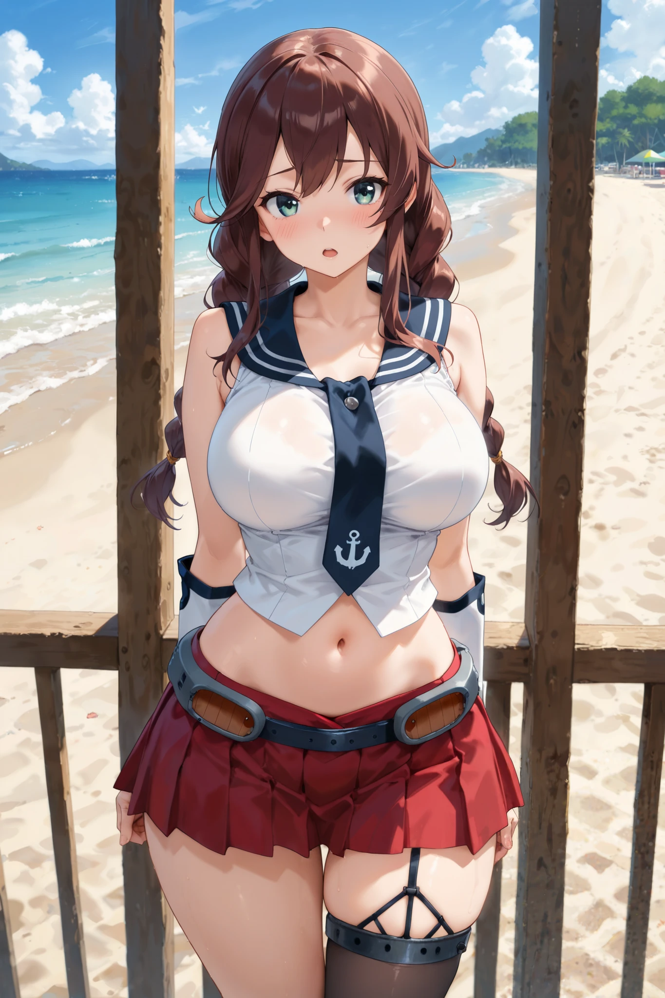 ,Open mouth, large breasts,wide hips,,twin braids,brown hair,long hair,blush,,standing,cowboy shot,beach,navel,single thighhigh,sleeveless,red skirt,black necktie,white groves,white shirt,black sailor collar,Bright glossy screen,,black hair,,open mouth, ,,huge breasts,,narrow waist,navel , eyelashes, eyeshadow, lips,, 8k, hdr, raytracing,