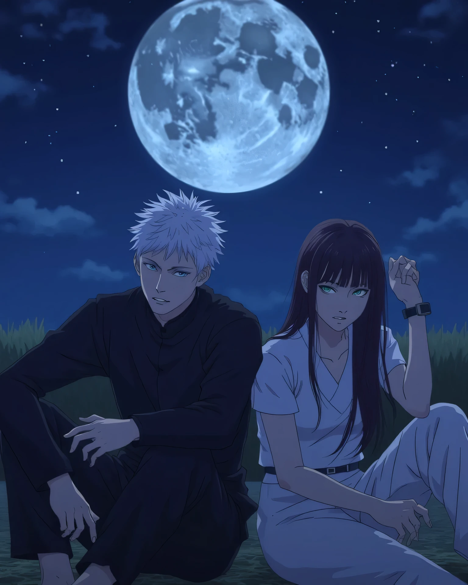 Create the image of Satoru Gojo from Jujutsu Kaisen, blue, white hair, blue eyes,sitting, next to, of a woman, Green-eyed with dark brown hair, and long , At night with the moon and stars filling the sky.