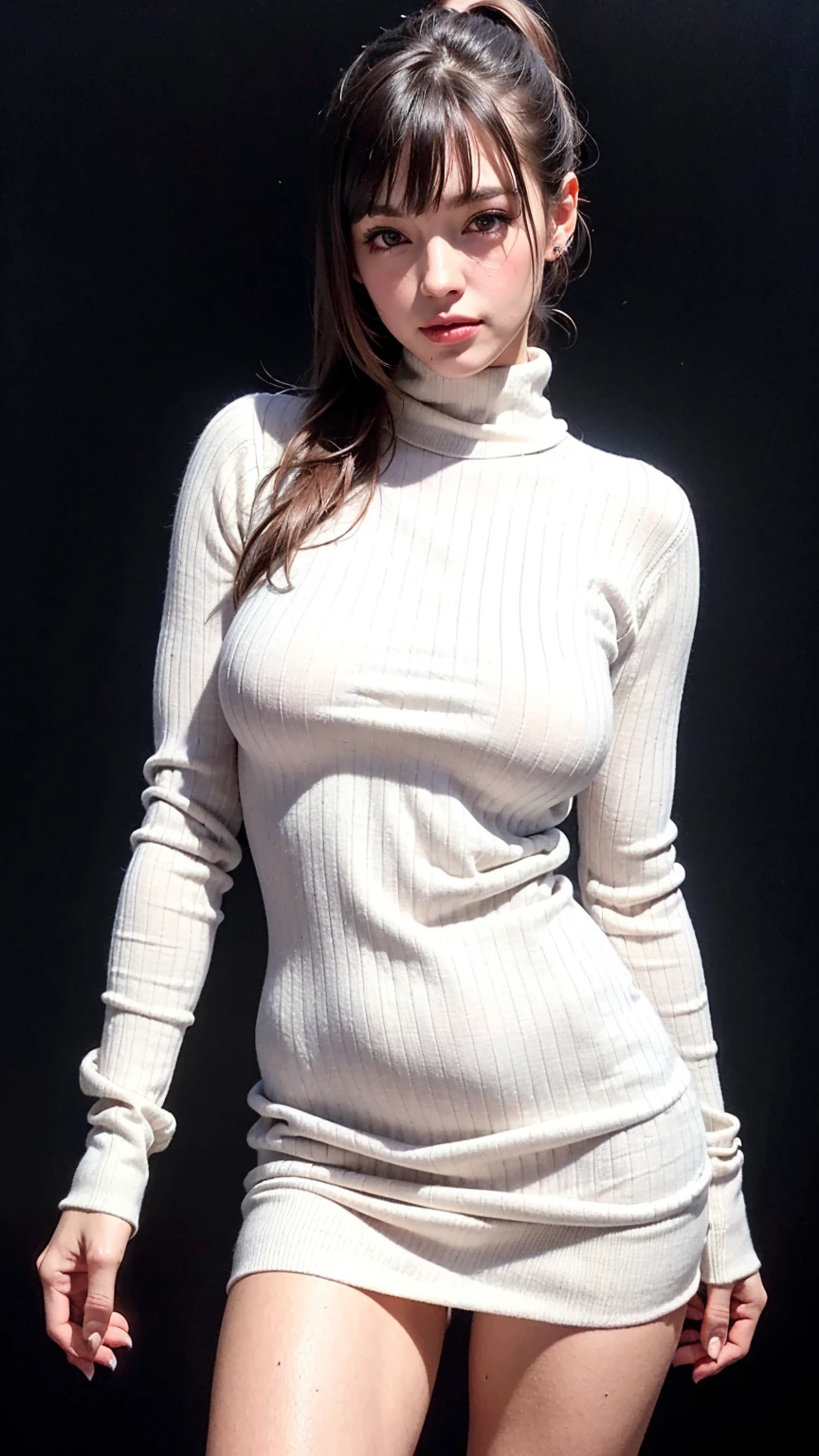 (((masterpiece:1.4, Best Quality:1.4, 8K,))), ultra high res, Physically Based Rendering, Portrait, ultra Beautiful Sexy Woman, 24yo, Detailed large eyes, detailed thin eyebrows, Highlights in the eyes, (long dark brown hair, half updo, bangs), Clear focus:1.2, Slender beauty:1.4, (((gigantic breasts:1.7, erect nipples, breasts exposed:1.2))), Slim abs, narrow waist, Clear facial features, (embarrassed smile), ((black turtleneck knit sweater, cropped:1.4, underboob:1.4, sleeveless:1.4)), ((BREAK, pencil micro miniskirt, skirt lift:1.6)), ((beautiful pussy exposed:1.6, pubic hair:1.4)), (transparent black lacy stockings:1.2), ((simple dark background:1.4, Sun Pillar:1.6, It's snowing:1.2)),