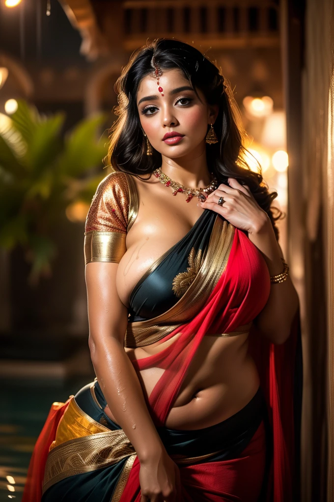 A captivating portrait of a radiant Indian woman graces the canvas, adorned in a delicate saree that accentuates her voluptuous physique and her iconic hourglass figure. Her eyes, as large as moonlight, are a deep, captivating brown, framed by delicate eyeliner and long, dark lashes. The rainy weather outside is reflected in her wet hair, cascading down her back in a long, curled ponytail.
The background, a detailed depiction of a bustling Indian bazaar under the cover of rain, adds to the masterpiece's vibrant energy. The woman's curvy figure is revealed by the minimal clothing