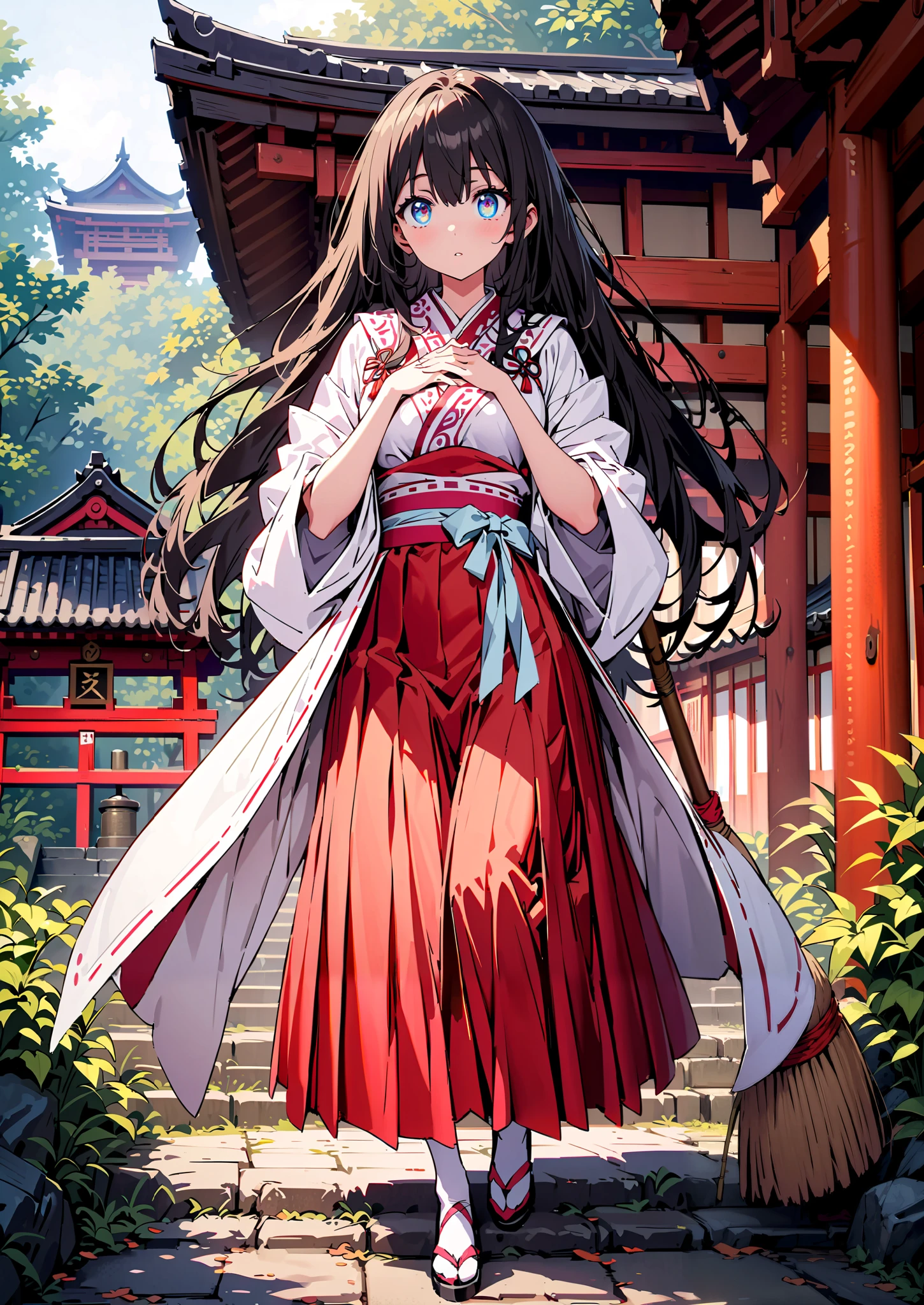  score_9,  score_8_up,  score_7_up,  source_anime, It's because of Rikkata,   black hair,  blue eyes,  long hair,  Orange Scrunch , scrunchie , List Scrunch, shrine maiden costume, white kimono ,Red Hakama,I'm cleaning the stairs with a bamboo broom with both hands,noon,full bodyがillustrationsに入るように,                                               break outdoors, shrine,
break looking at viewer,full body,
break (masterpiece:1.2), Highest quality, High Resolution,  Unity 8K Wallpaper , (illustrations:0.8), (beautiful detailed eyes:1.6), Highly detailed faces,   perfect lighting , extremely detailed CG, (perfect hand, perfect anatomy),