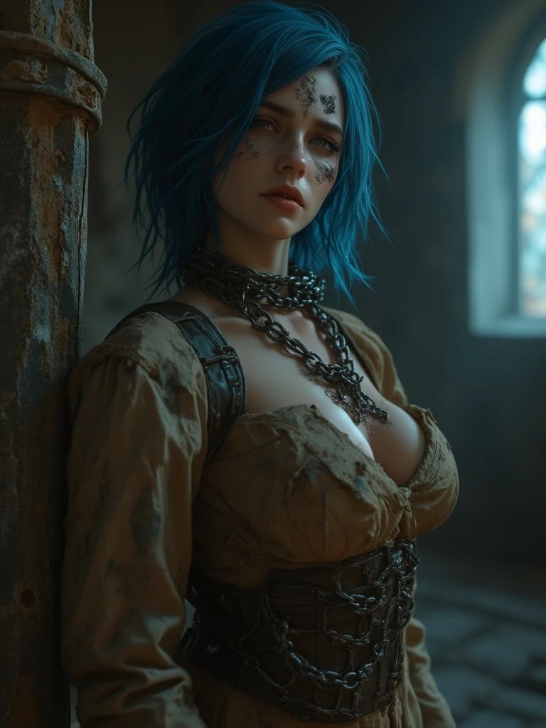 Masterpiece, best quality, high quality, very detailed CG uniform 8k wallpaper, 1girl, solo, blue hair, tattoo, short hair, hat, jewelry, smile, necklace, looking at the audience, hat, realistic, open mouth, teeth, upper body, vest, nose, bare shoulders, artist name, black tiara, collarbone, arm tattoo, blue eyes, lips, blur, oil painting, award winning photography, bokeh, depth of field, HDR, bloom, chromatic aberration, realism, very detailed, artstation Intricate, High Detail, dramatic, art by midjourney,  liz.ashley 