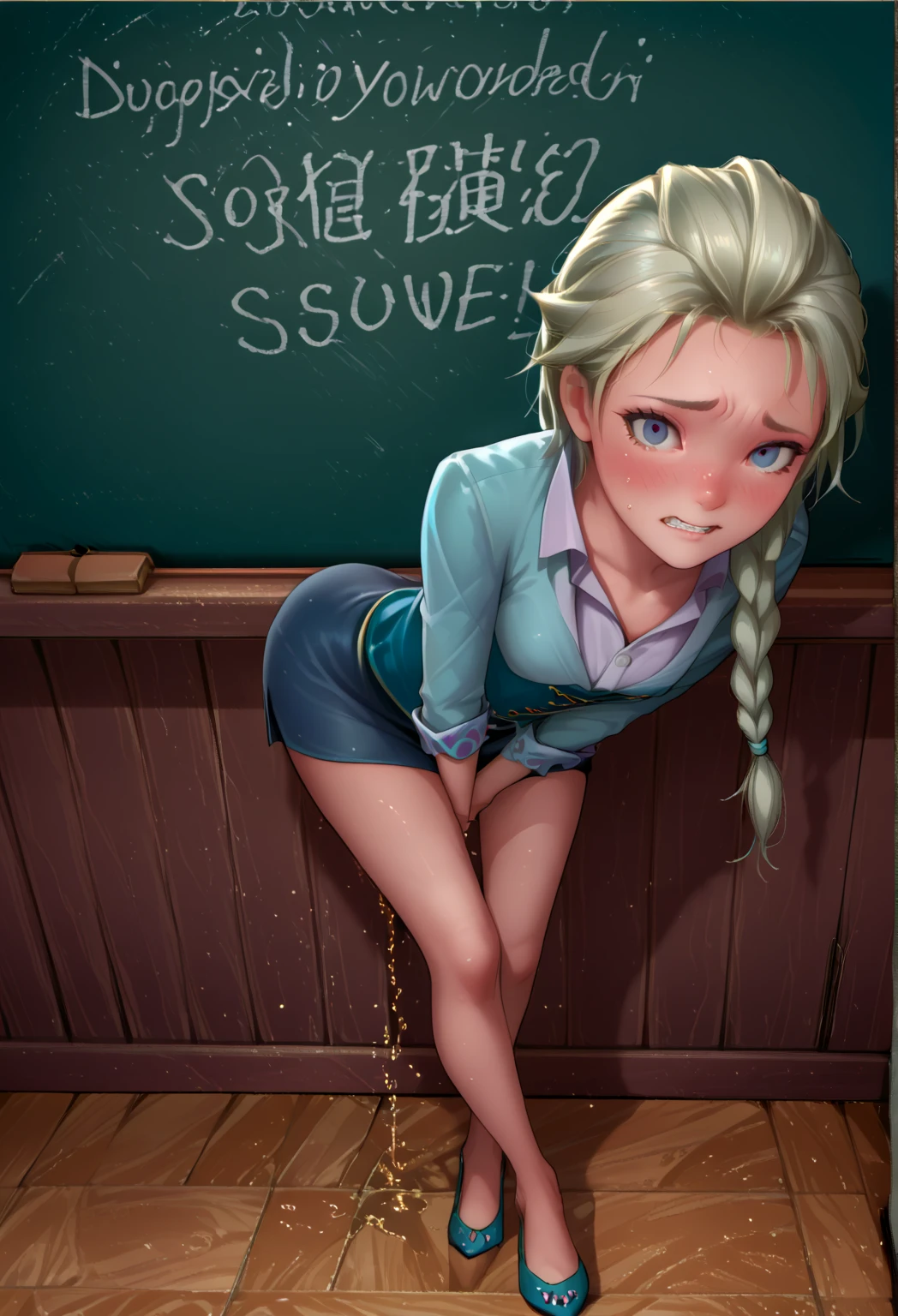 score_9, score_8_up, score_7_up, score_6_up, score_5_up, score_4_up, looking at viewer, 1 girl, elsa from frozen, (by armona sensei), behind view, viewed from behind, viewed from below, ass focus, large breasts, (long white hair hair), blue eyes, ((unbuttoned white shirt)), (exposed breasts), (black pencil skirt), (pink lace panties on one leg), (bare hands), (black lace thigh highs), realistic, lips, nose, blush, (bending over desk), open mouth, moaning, sex, POV doggystyle, penis in vagina, wet pussy, seductive look, (hands held by viewer), looking at viewer, (cum in pussy), (bedroom background)