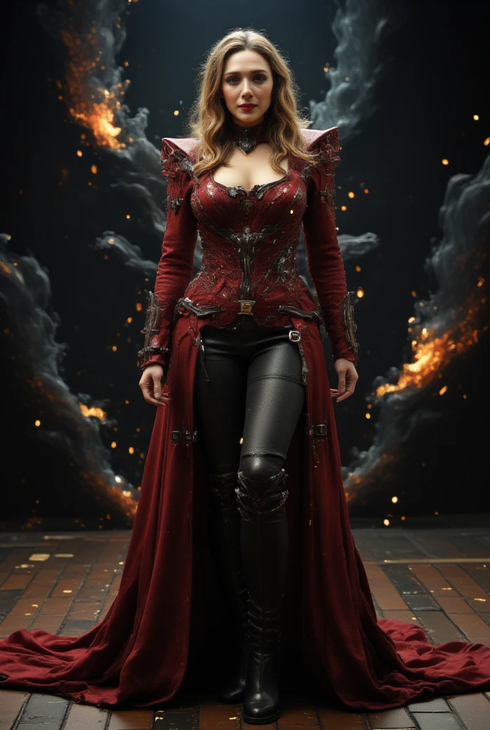 Sophie Turner wearing the Evil Dark Phoenix costume, smiling, red hair tied in a bun at the back of her head, black corset, black thong panties, wears long black leather boots, long black gloves that cover her arms until above the elbows, black cape with a red rose, standing with a long black whip in her right hand, a full-body, hyper-realistic image