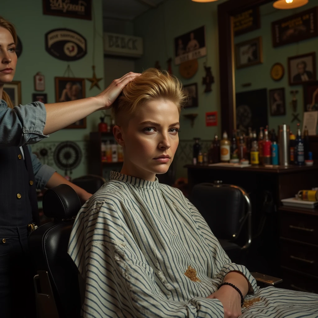 A portrait of a blonde woman named st3v13 with a serious expression.
The dimly lit barbershop is filled with the scent of aftershave and talcum powder, its large vinyl barber chairs worn with age.
She's draped in a pinstriped barber cape. She has a severely short, buzzed haircut, long clumps of blond hair strewn about the cape, the aftermath of her drastic haircut. Her hand lies on the back of her head, feeling the short stubble that had been left behind by the clippers.