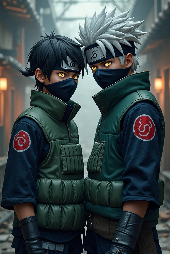 **Appearance of Itadori and Kakashi Fusion:**
- **Face:** A youthful yet mature face, combining Itadori’s friendly and determined expression with Kakashi’s calm, experienced look. The fusion’s left eye is covered by a forehead protector, while the right eye retains Itadori’s normal look, but with a more focused and serious gaze.
- **Hair:** A mix of Kakashi’s spiky silver hair and Itadori’s short pink hair. The hairstyle is slightly messy, with a blend of both colors, giving it a unique, striking appearance.
- **Attire:** A combination of Kakashi’s standard shinobi gear, including the flak jacket and arm guards, mixed with the more casual elements of Itadori’s school uniform. The fusion wears a black mask covering the lower half of the face, reminiscent of Kakashi’s signature look.
- **Expression:** Generally cheerful and approachable, with a laid-back demeanor. However, the fusion’s eyes reveal a deeper understanding and seriousness, reflecting the experiences of both characters.
- **Posture:** Relaxed but alert, standing with the confidence of a seasoned ninja and the readiness of a skilled fighter. The fusion’s stance is casual yet prepared, showing a perfect blend of combat awareness and easy-going nature.
**Animes:**
- **Yuji Itadori:** *Jujutsu Kaisen*.
- **Kakashi Hatake:** *Naruto* series.