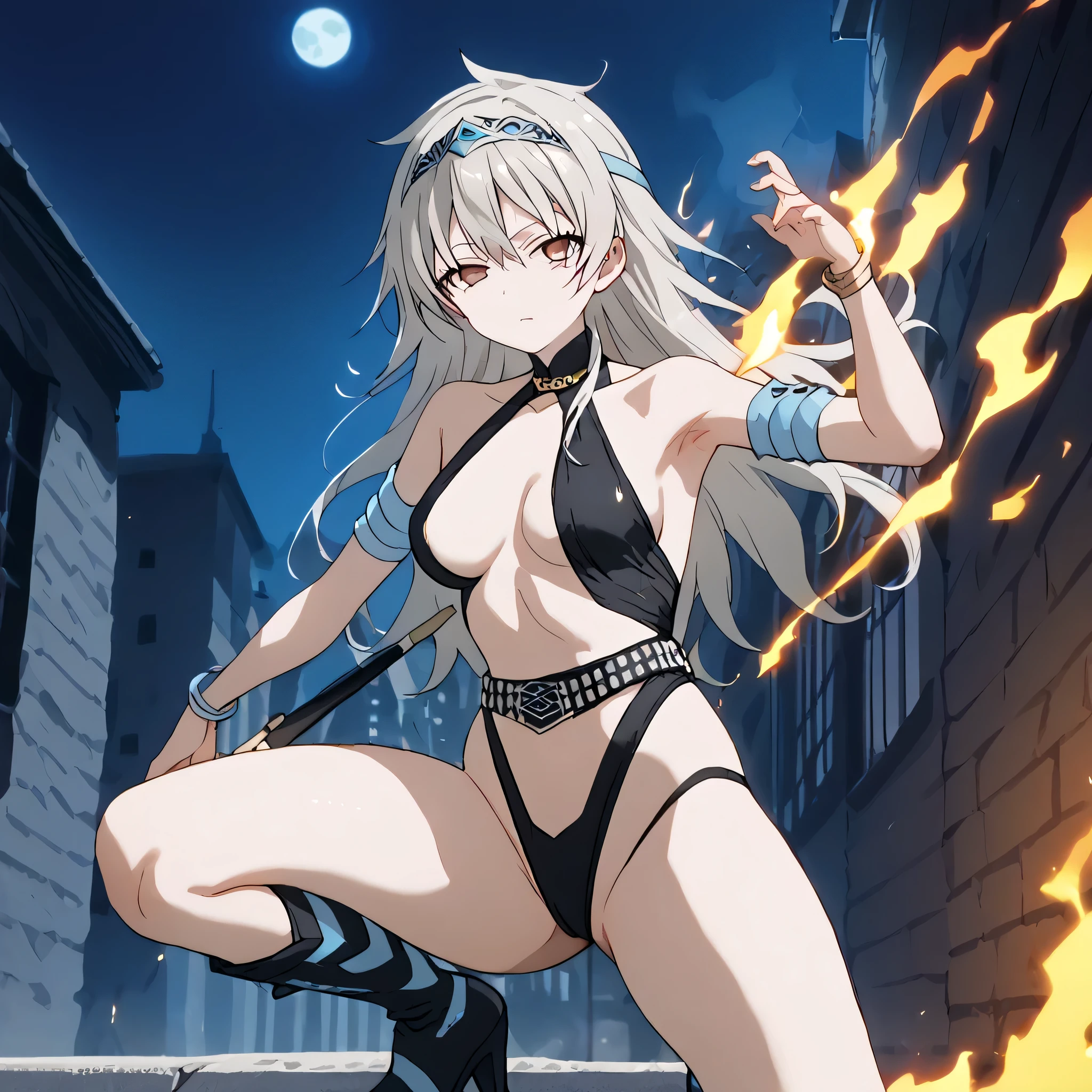 ((Masterpiece))), (((Best Quality))), ((Super Detail)), ultra-High resolution, score_9,score_8_up,score_7_up,score_6_up,score_5_up,score_4_up, BREAK, source_anime, anime screencap, uncensored, rating_explicit, Masterpiece, (best shadow), (absurdres), (detailed background), (very aesthetic), shiny, detailed beautiful eyes, outstanding, countershading, detailed soft lighting, an exquisite animation illustration, curvy, dark persona, empty eyes, blank eyes, looking at viewer, Fighting Stance, horizontal pupils, (((black leotard, clothing cutout))), high heel boots, knee boots, circlet, armlet, bracelet, belt, halterneck, (((solo, 1girl))), hair ornament, medium breast, Oniyuri, wbrown eyes, gray hair, long hair, submissive pose, seductive pose, night, moon, wall background, (((burning city, burning,))), armpits