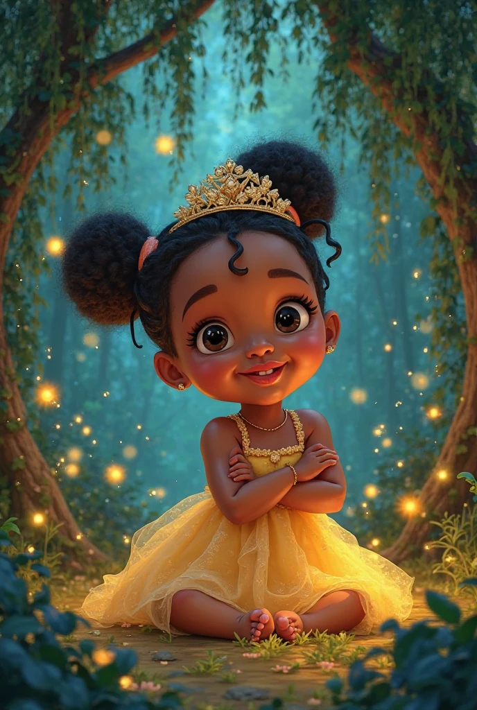 Create UHD photorealistic realistic image, not animation, not 3D image, not Pixar style. Capture a 20-month-old girl of mixed North African descent, dressed in a sparkly princess gown with a joyful expression, in a softly lit studio. Use an 85mm lens for a detailed portrait with a blurred. Lighting should be soft and magical, creating a gentle glow around her. The photo should feel like an enchanting, timeless family portrait.
