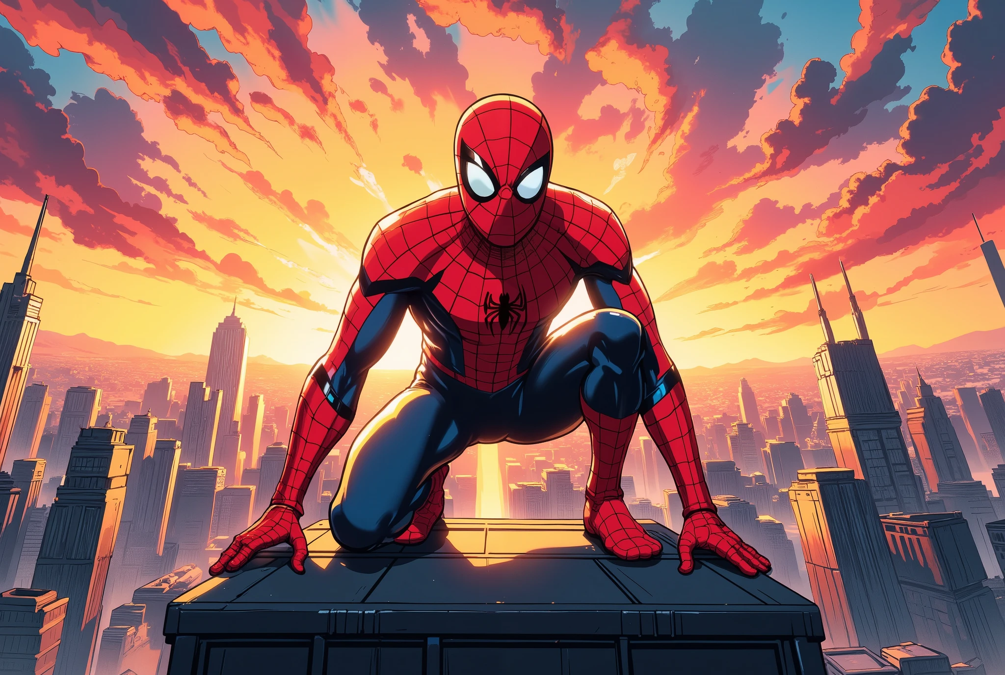 (masterpiece:1.2,Exceptional Quality,Mirror Finish , Cinematic Experience , best illustration:2.0,very detailed),8k, wallpaper,(Hero Landing:2.0),( Spider-Man:2.0),( and you're looking at me ),(Get down on one knee on the ground:2.0),(Raise your right knee:2.0),(dynamic:2.0),(Sunset:2.0),(anime artwork:2.0),( detailed hands:2.0),( detailed faces:2.0),( Skyscraper Rooftop :2.0),(front:2.0),( American Comics),(Stanley style)