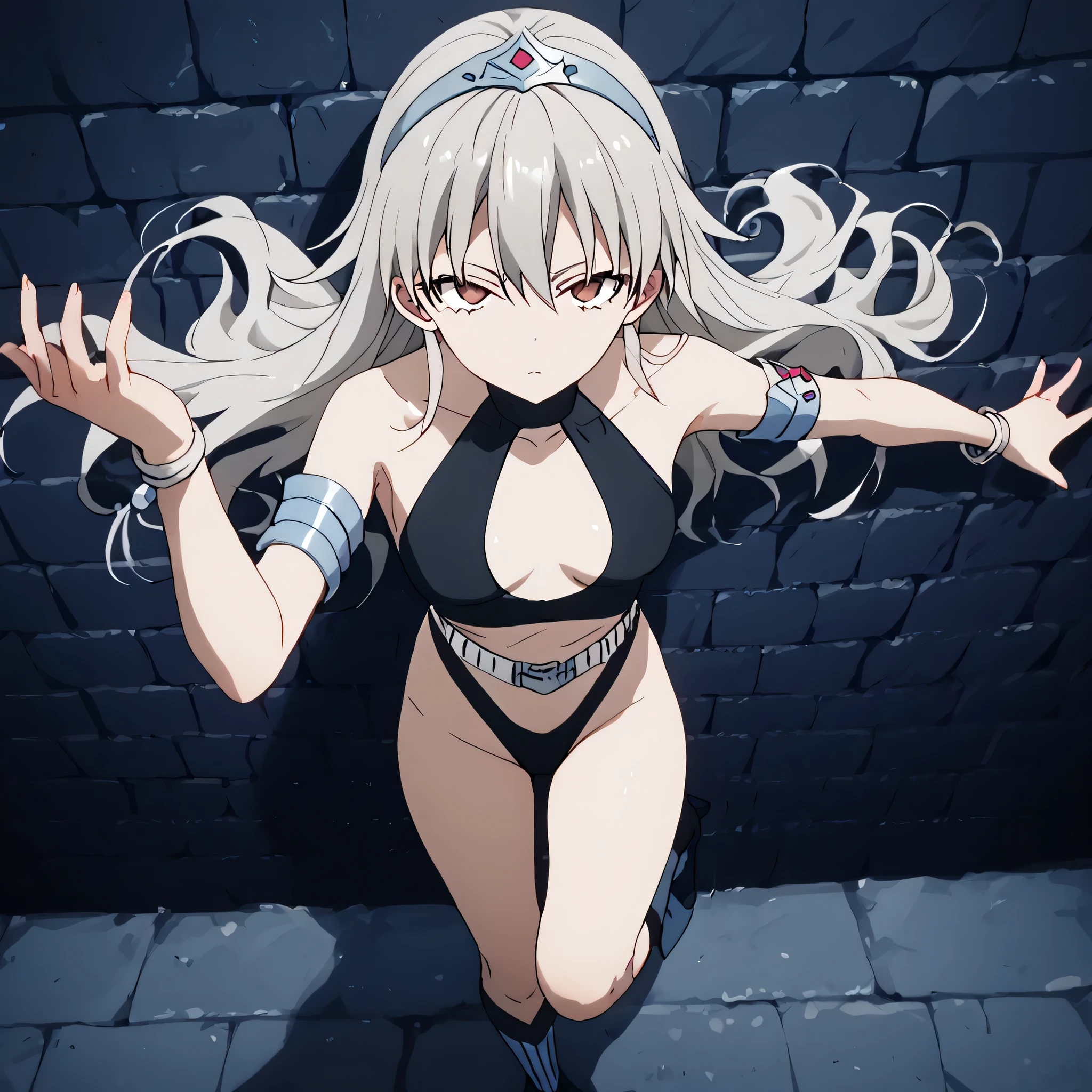 (1 girl), (((Velzard de tensei shitara slime datta ken))), She has fair skin, eyes the color of blue diamonds and long, shiny hair, Pearl White, reaching down to her waist, (((She wears a blue pendant in the shape of a star and a golden headband))), (wears a very short black bikini), large breasts, thin arms, (muscular belly), (((muscular legs))),(standing), thin waist, bare feet and very detailed, beautiful feet and well-shaped toes, (((beach night scene with starry sky and blood moon in the sky))), (hair tied in double ponytails), empty eyes, eyes empty, empty eyes, eye reflection, glowing eyes, bad mood, anime, anime style, ray tracing, cinematic lighting, panorama, Sony FE, UHD, masterpiece, anatomically correct, super detail, high quality, best quality, high resolution, 16k