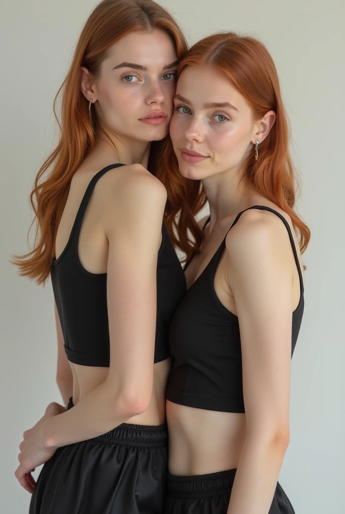full body, backlighting, pale girl,very long legs, very pale skin full of freckles, very bulging eyes, very big round glasses, ginger hair, braless, nobra,very very very thin legs and very very very thin arms,backlighting, very thin face, bulging eyes, pale white skin, very freckled, very thin, very very large puffy ears, big long nose,flat stomach, very thin and very long legs , from below, 2 girls in a photo session in a photo studio,((very very anorexic girls)),((mejor calidad)), ((Obra maestra)), (detallado), ((fulbody)),14 and 15 year old girls in a photo session in a photo studio, very very very thin legs and very very very thin arms, (((very anorexic girls))),. ((full body)), ((plain background transparent white)), 85mm, (analog, cinematic, film grain:1.3), detailed eyes, painted lips, necklace, (epicPhoto), ginger hair,skirt((open on the sides)),curly hair with 2 pigtail, ((short skirt,gym tank-top)), big round black glasses,