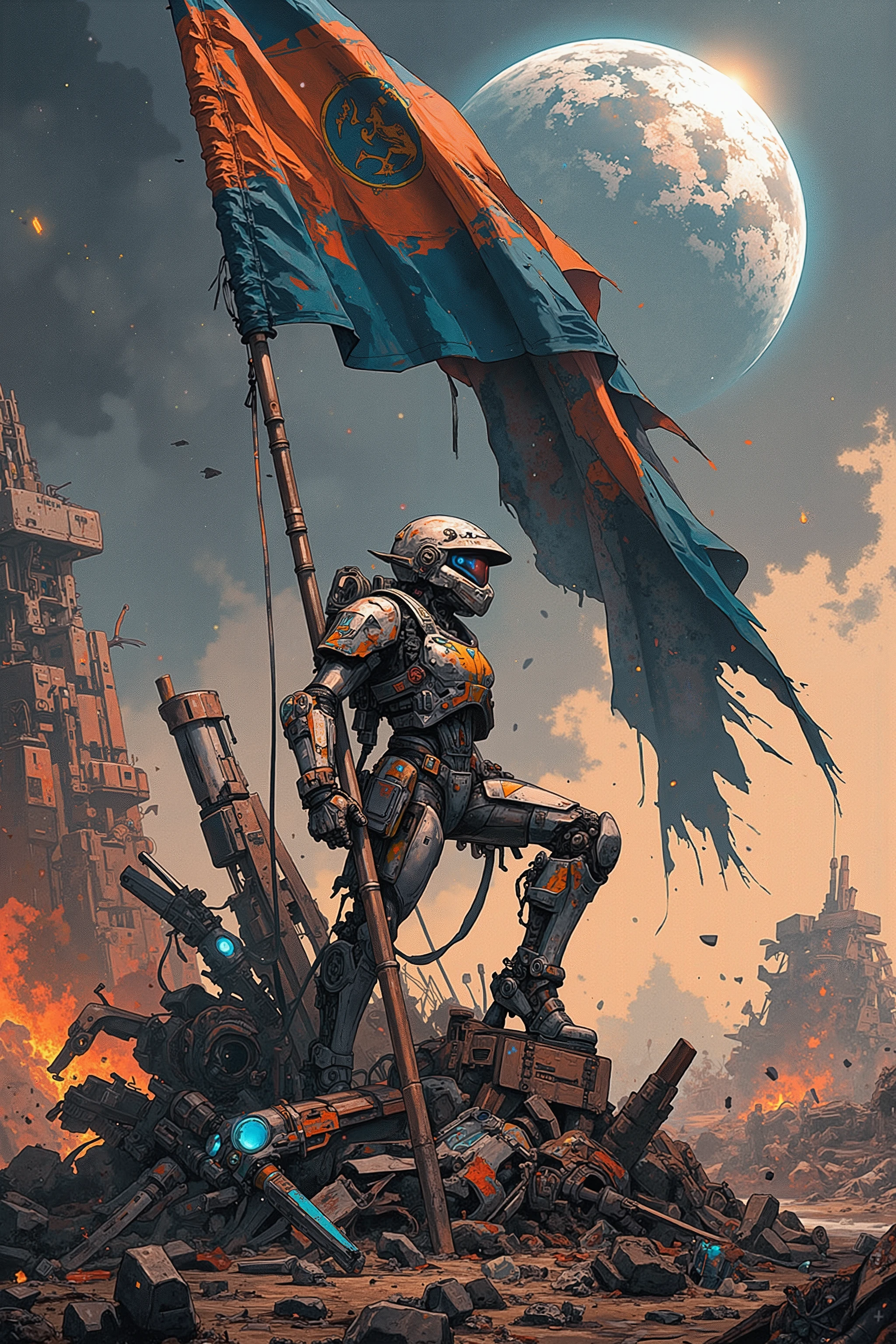 A high-resolution digital painting of a futuristic female dropship soldier, clad in advanced power armor, planting a massive flag of the Planetary Marines in a battlefield. She is posed heroically, leaning forward with effort as she drives the flagpole into the ground, similar to the iconic Marines at Iwo Jima. The flag billows dramatically in the strong wind, its emblem glowing faintly with embedded technology. Her helmet, partially lifted, reveals a determined expression as she braces against the rough terrain. The background features a futuristic battlefield with scattered wreckage, glowing embers, and remnants of mechanized war machines. Above, a colossal planet orbits in the sky, casting an eerie luminescence over the scene. Dust and smoke swirl in the air, enhancing the intensity of the moment. The composition is cinematic, with dynamic lighting, rich textures, and a striking contrast of cool metallic tones against the warm glow of distant fires. A scene of triumph, resilience, and unwavering dedication to the mission.  
