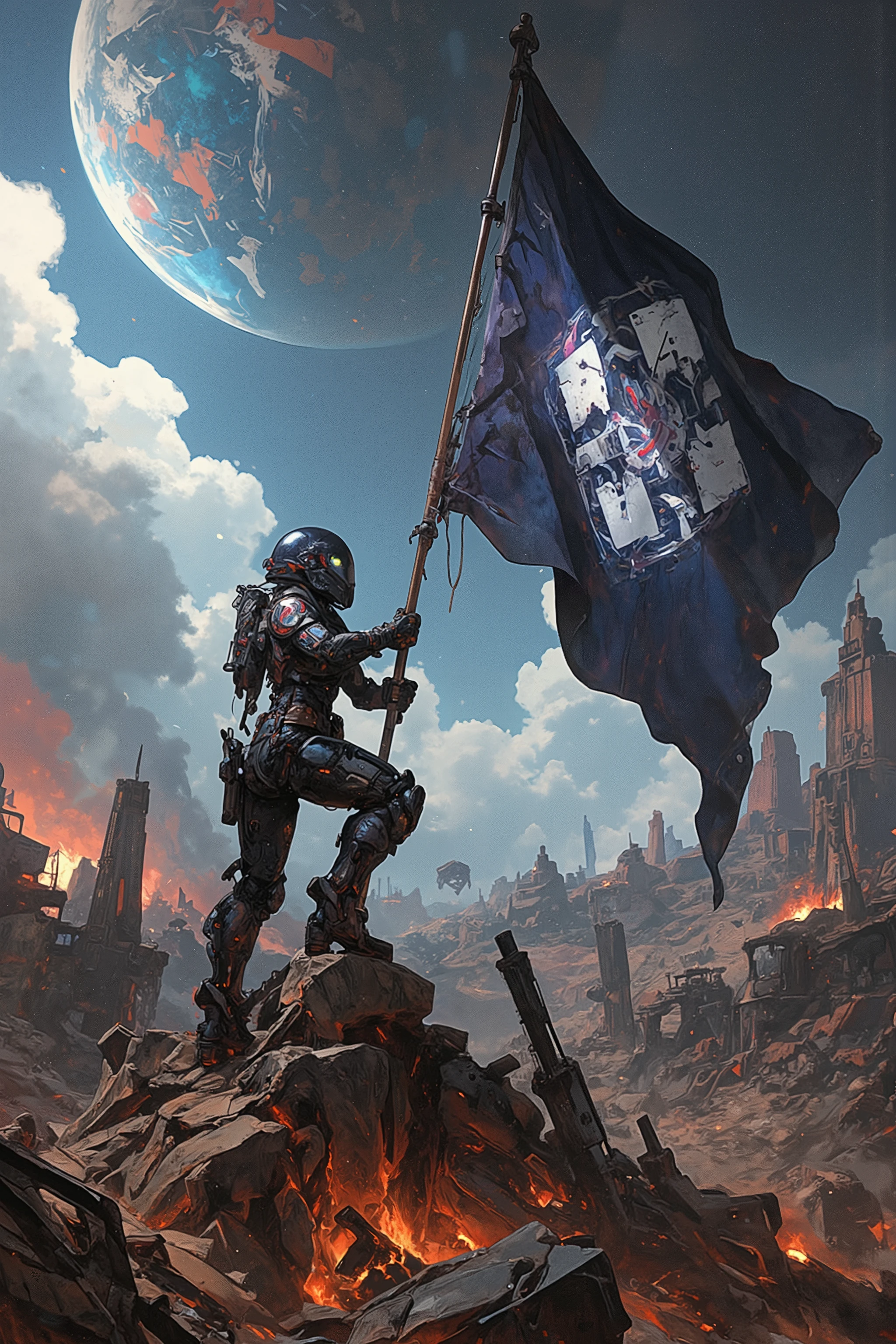 A high-resolution digital painting of a futuristic female dropship soldier, clad in advanced power armor, planting a massive flag of the Planetary Marines in a battlefield. She is posed heroically, leaning forward with effort as she drives the flagpole into the ground, similar to the iconic Marines at Iwo Jima. The flag billows dramatically in the strong wind, its emblem glowing faintly with embedded technology. Her helmet, partially lifted, reveals a determined expression as she braces against the rough terrain. The background features a futuristic battlefield with scattered wreckage, glowing embers, and remnants of mechanized war machines. Above, a colossal planet orbits in the sky, casting an eerie luminescence over the scene. Dust and smoke swirl in the air, enhancing the intensity of the moment. The composition is cinematic, with dynamic lighting, rich textures, and a striking contrast of cool metallic tones against the warm glow of distant fires. A scene of triumph, resilience, and unwavering dedication to the mission.  
