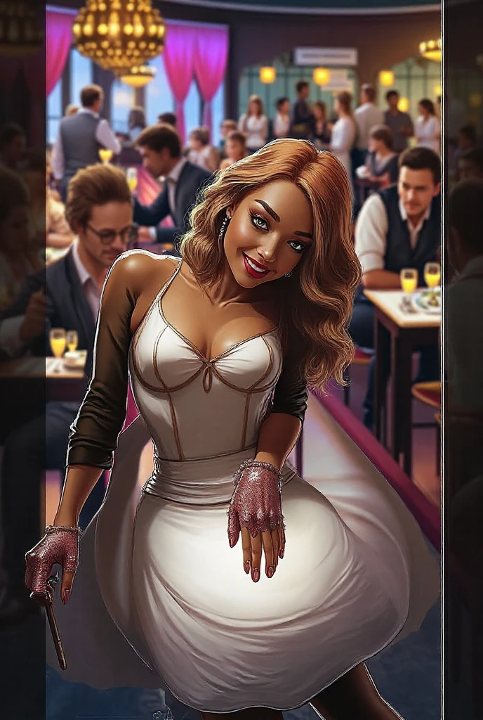 Photo professionnelle du corps entier, (Photo 4k:1.1) par (Jeremy Lipking:0.3), (Dittmann Anna:0.3), (jiner:0.3), (mise au point nette:1.3), High detail, Elegant businesswoman, Revealing white dress, restaurant, cheveux blonds, Pose of the Instagram model, confiant, fille en forme, Fille maigre, seins moyens:1.2, anatomie parfaite, Perfect symmetry:1.2, Realstic, realistic face:1.2, visage parfait, contenu, confiant, highly detailed, et dramatique, lighting cinematic, Lighting scene, soft lights