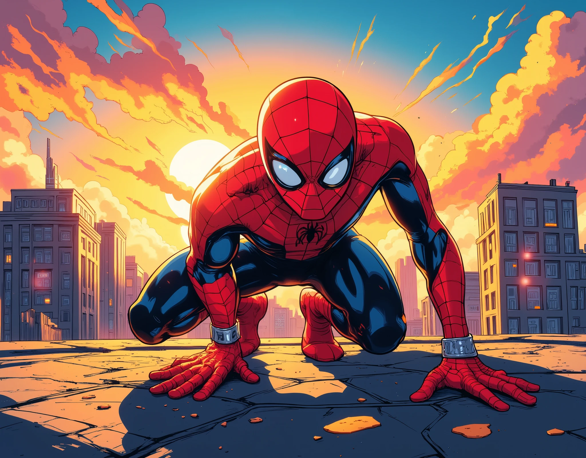 (masterpiece:1.2,Exceptional Quality,Mirror Finish , Cinematic Experience , best illustration:2.0,very detailed),8k, wallpaper,(Hero Landing:2.0),( Spider-Man:2.0),( and you're looking at me ),(Get down on one knee on the ground:2.0),(Raise your right knee:2.0),(dynamic:2.0),(Sunset:2.0),(anime artwork:2.0),( detailed hands:2.0),( beautiful hands :2.0),(detailed faces:2.0),( Skyscraper Rooftop :2.0),(front:2.0),( American Comics),(Stanley style)