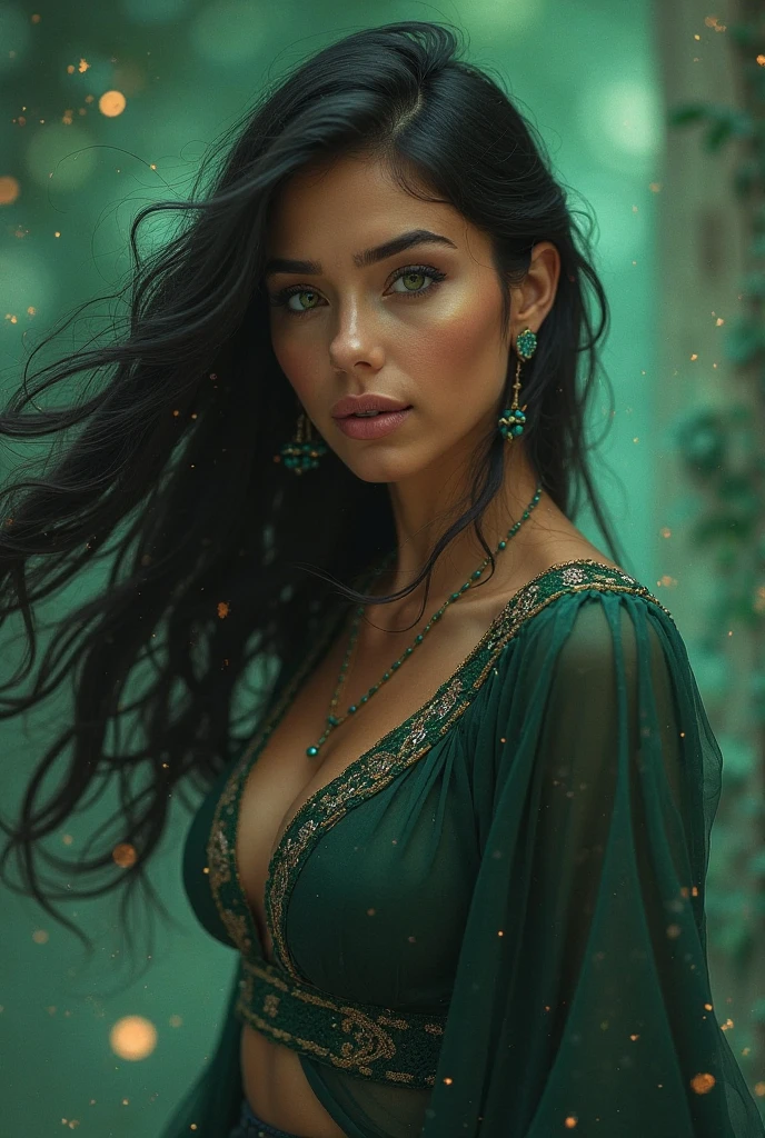  Amazing portrait of a sexy woman with a beautiful face emphasized by amazing makeup and beautifully detailed eyes with perfect lips wearing her black hair in a messy bun blushing intensely as she's flustered and lustful wearing some elegant earrings and a black blouse paired with a sheer dark green saree making her look hot with vibrant colors and soft lighting