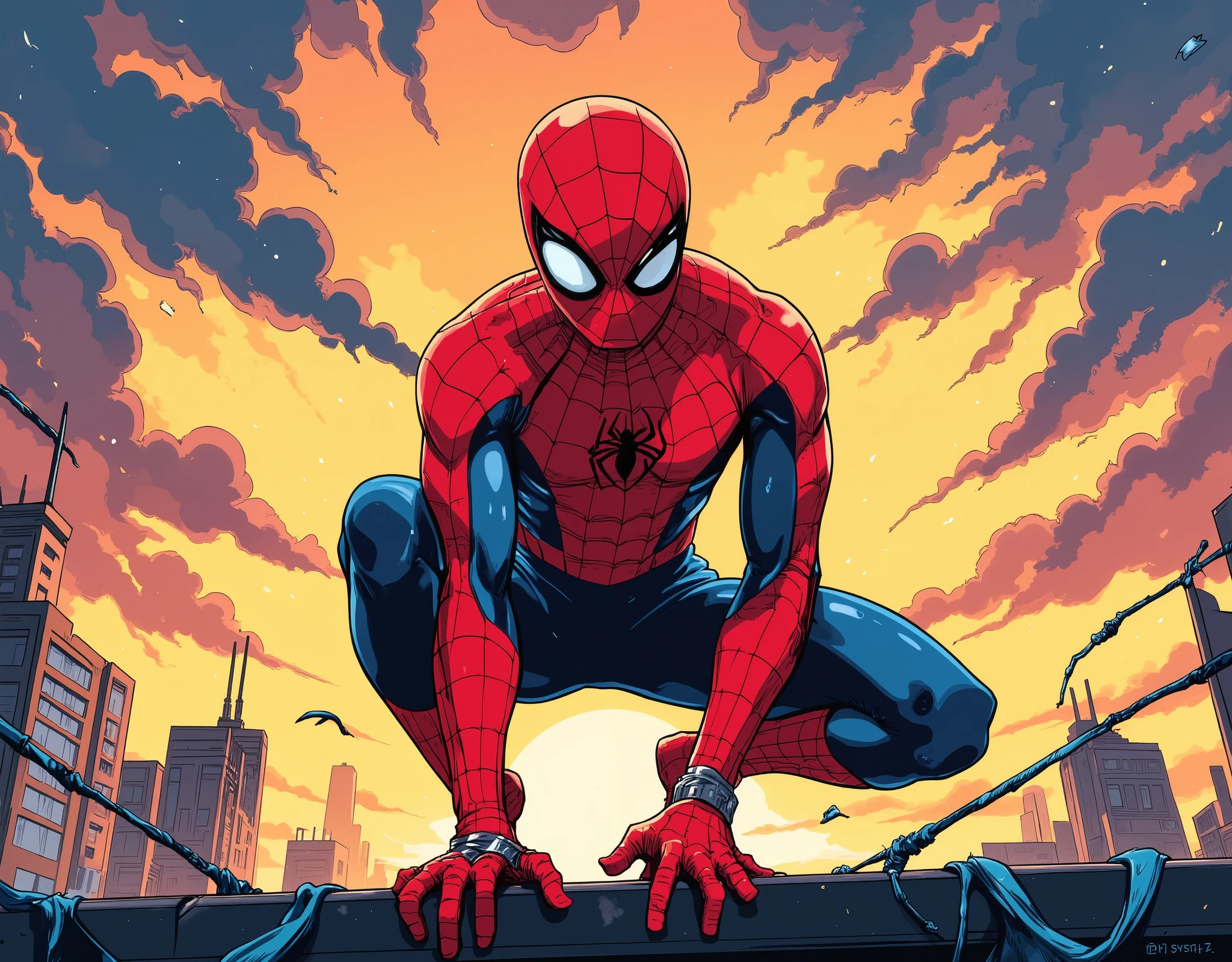 (masterpiece:1.2,Exceptional Quality,Mirror Finish , Cinematic Experience , best illustration:2.0,very detailed),8k, wallpaper,(Hero Landing:2.0),( Spider-Man:2.0),( and you're looking at me ),(Get down on one knee on the ground:2.0),(Raise your right knee:2.0),(dynamic:2.0),(Sunset:2.0),(anime artwork:2.0),( detailed hands:2.0),( beautiful hands :2.0),(detailed faces:2.0),( Skyscraper Rooftop :2.0),(front:2.0),( American Comics),(Stanley style)