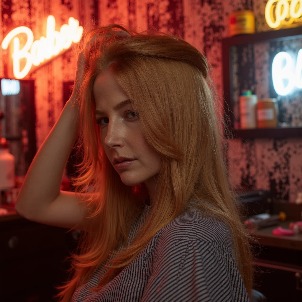 A portrait of a blonde woman named st3v13 with a serious expression.
The classic barbershop glows with neon lights.
She's draped in a pinstriped barber cape.
She has a short shaved, military style haircut, her hand lifted to her head, her fingers touching the shaved back of her head, feeling the foreign feeling that the clippers had created.