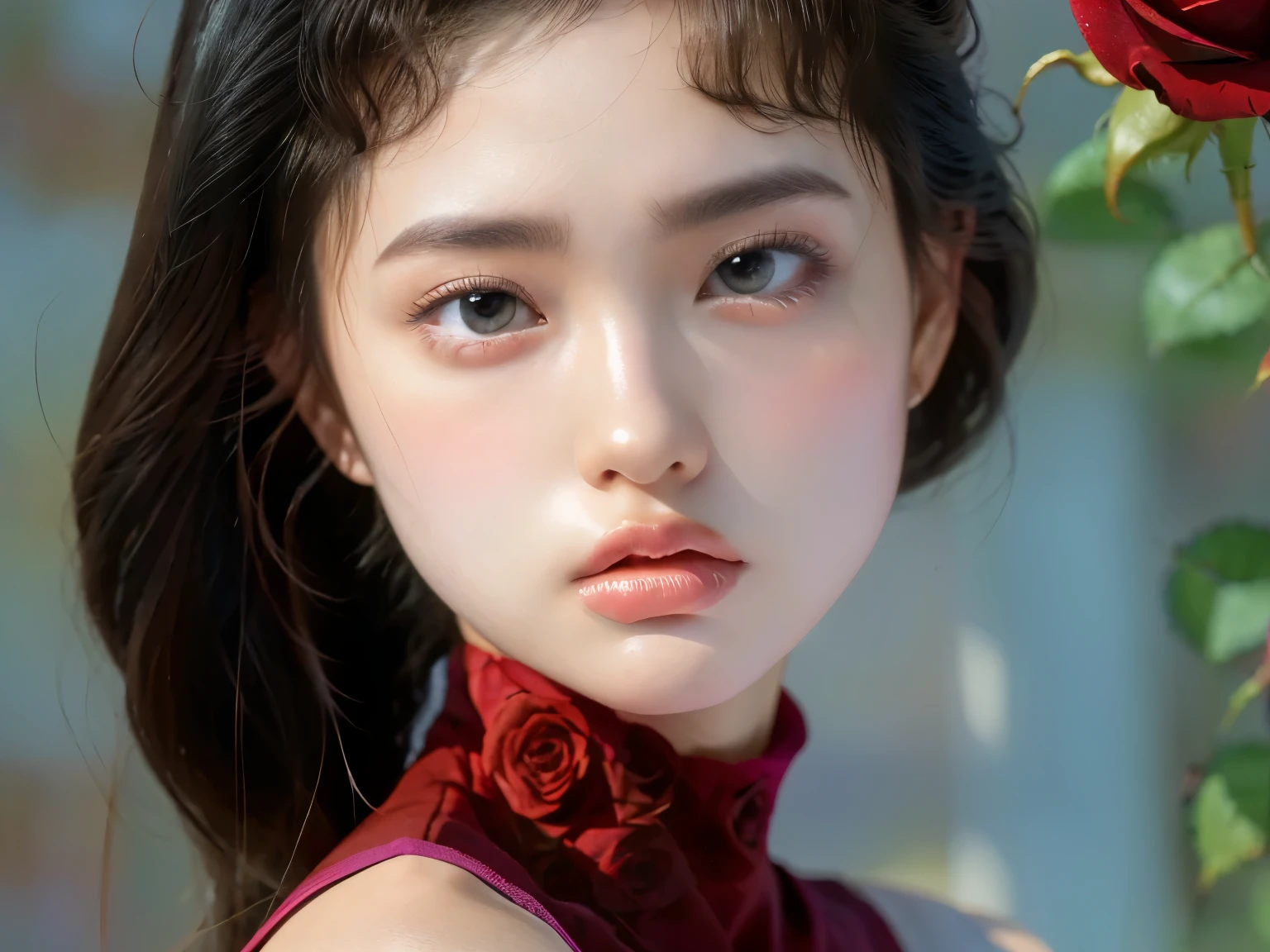 one girl、Cute Baby Face、14Year、perfect anatomy、red eyeshadow、red lipstick、slightly pink cheeks、white skin、black dress、eight-headed body、、unique hairstyle、choker、highest quality、super detailed、high quality details、Portrait、Masseter muscle part、