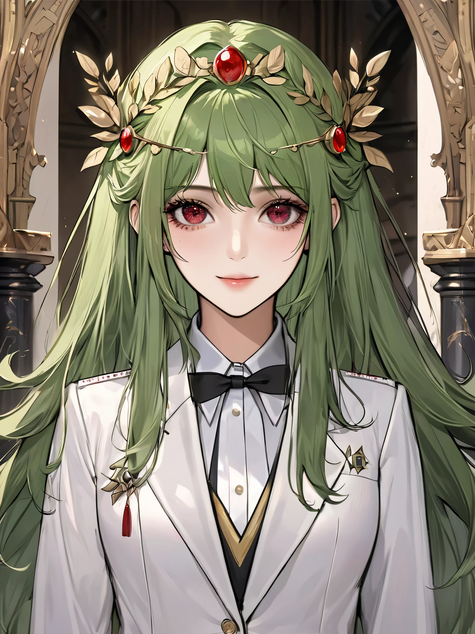 (extreamly delicate and beautiful:1.2), 8K,(masterpiece:1.0),(best_quality:1.0), 1 girl, and intricate detailing, Enlarged textures, and intricate detailing, finely eye and detailed face, and intricate detailing, green long hair, (sweet smiley), Perfect eyes, Equal eyes,  red ruby eyes (A famale god) with Archery vest uniform school fantasy, look at camera, green long HAIR, Red ruby EYES, green long HAIR, red ruby EYES, Full body, with aula school background, with Archery vest uniform school fantasy, hairpin like Laurel crown yunani, perfect body, aula school fantasy background, full body, full body