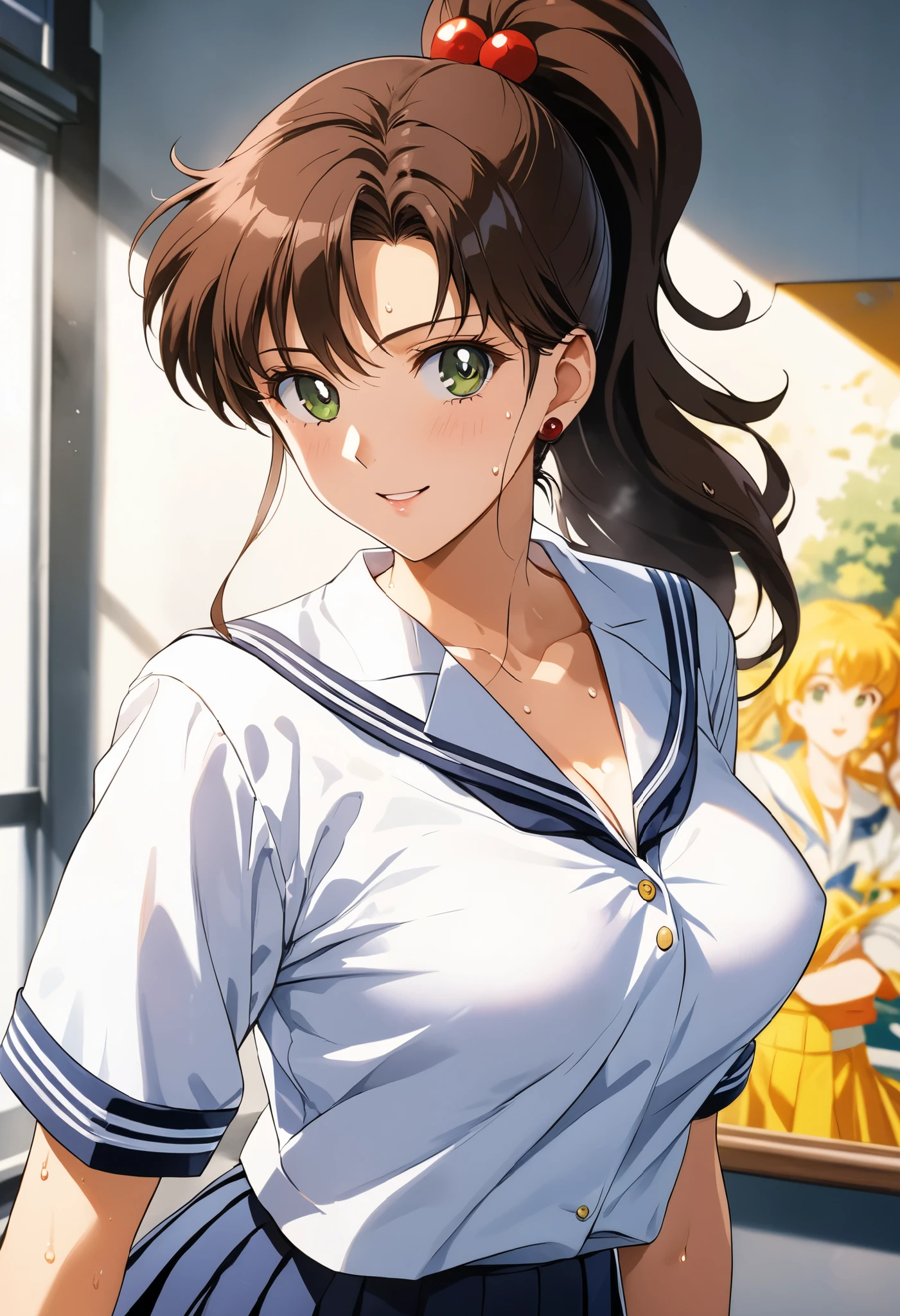 masterpiece, Best Quality, High resolution,16k,official art,super detailed skin,detailed,animated painting, (Makoto Kino),1990s \(style\),(highschool uniform,white long-sleave shirt,mini skirt:1.2)、(E-cup beautiful breasts)、clevage, (tall:1.2),height: 170cm,Fashion model body type、Sweating all over the body、vapor、Muscular、(sexy),nsfw,Sweaty、Configuration from the front、happy,simle,Ahegao、Anime-style painting style,Brown Hair、Ponytail Hair、Composition focusing on the upper body,Cinematic lighting,Ultra-fine,magnificent view、The background is the school during the day,sexy pose