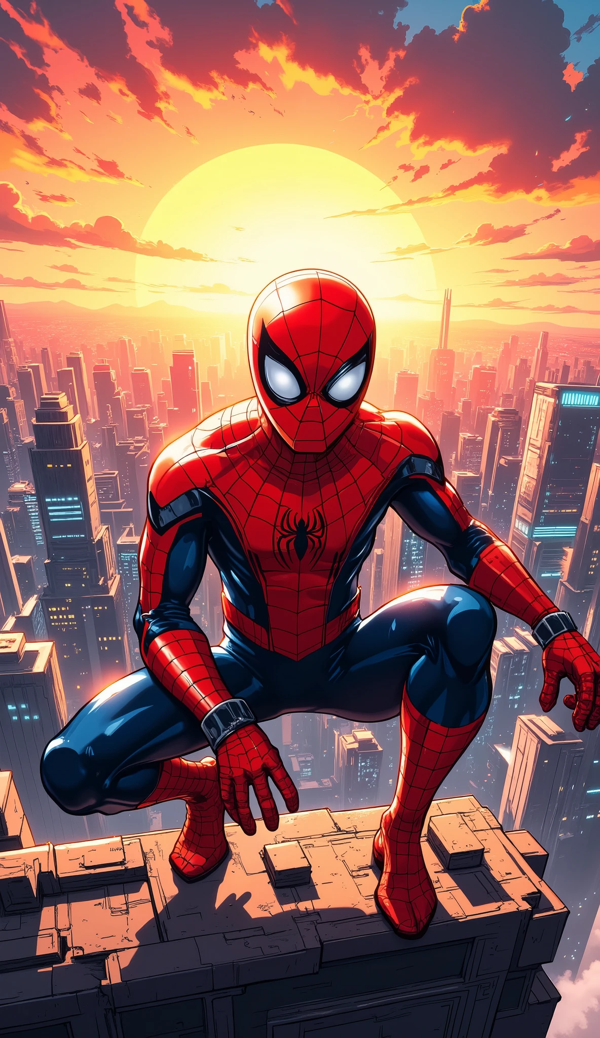 (masterpiece:1.2,Exceptional Quality,Mirror Finish , Cinematic Experience , best illustration:2.0,very detailed),8k, wallpaper,(Hero Landing:2.0),( Spider-Man:2.0),( and you're looking at me ),(Get down on one knee on the ground:2.0),(Raise your right knee:2.0),(dynamic:2.0),(Sunset:2.0),(anime artwork:2.0),( detailed hands:2.0),(Accurate Hand Depiction:2.0),(detailed faces:2.0),( Skyscraper Rooftop :2.0),(front:2.0),( American Comics),(Stanley style)