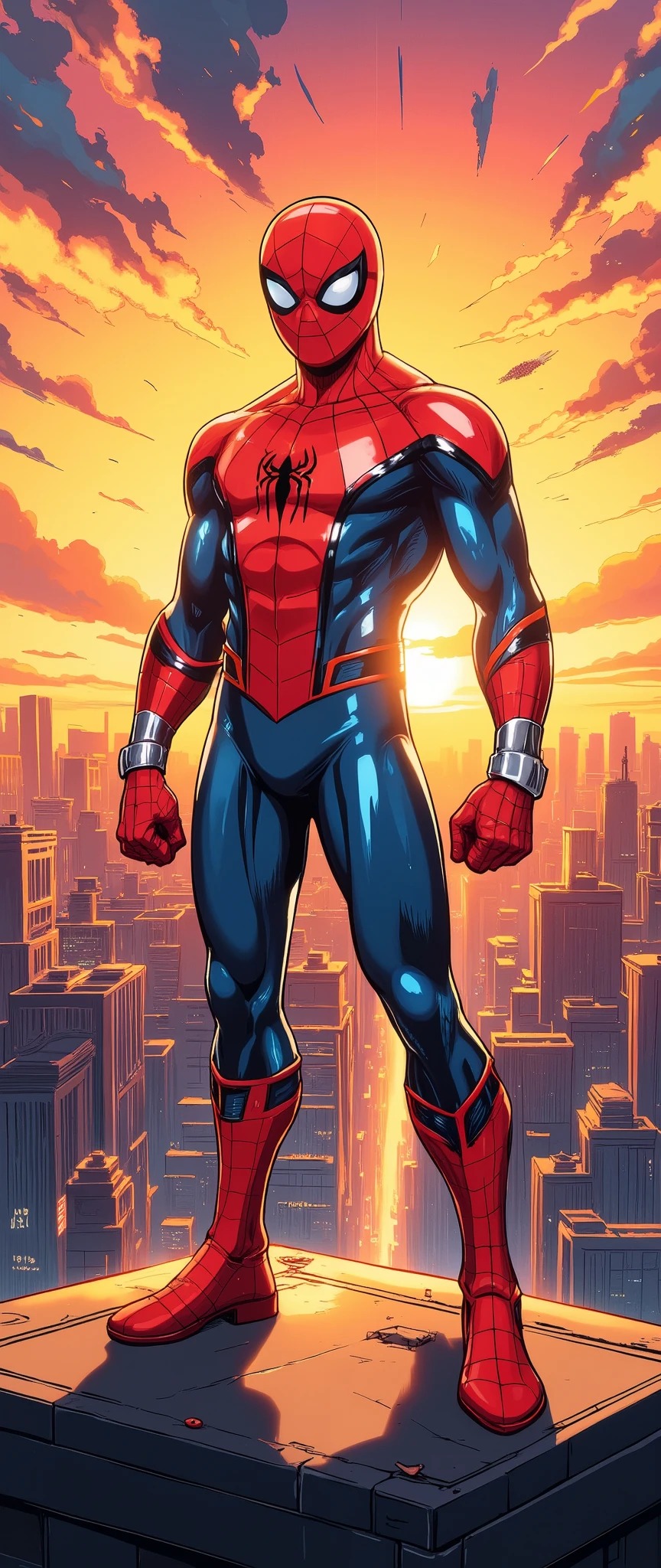 (masterpiece:1.2,Exceptional Quality,Mirror Finish , Cinematic Experience , best illustration:2.0,very detailed),8k, wallpaper,(Hero Landing:2.0),( Spider-Man:2.0),(and looking at me),(Get down on one knee on the ground:2.0),(Raise your right knee:2.0),(dynamic:2.0),(Sunset:2.0),(anime artwork:2.0),( detailed hands:2.0),(Accurate Hand Depiction:2.0),(detailed faces:2.0),( Skyscraper Rooftop :2.0),(front:2.0),( American Comics),(Stanley style)
