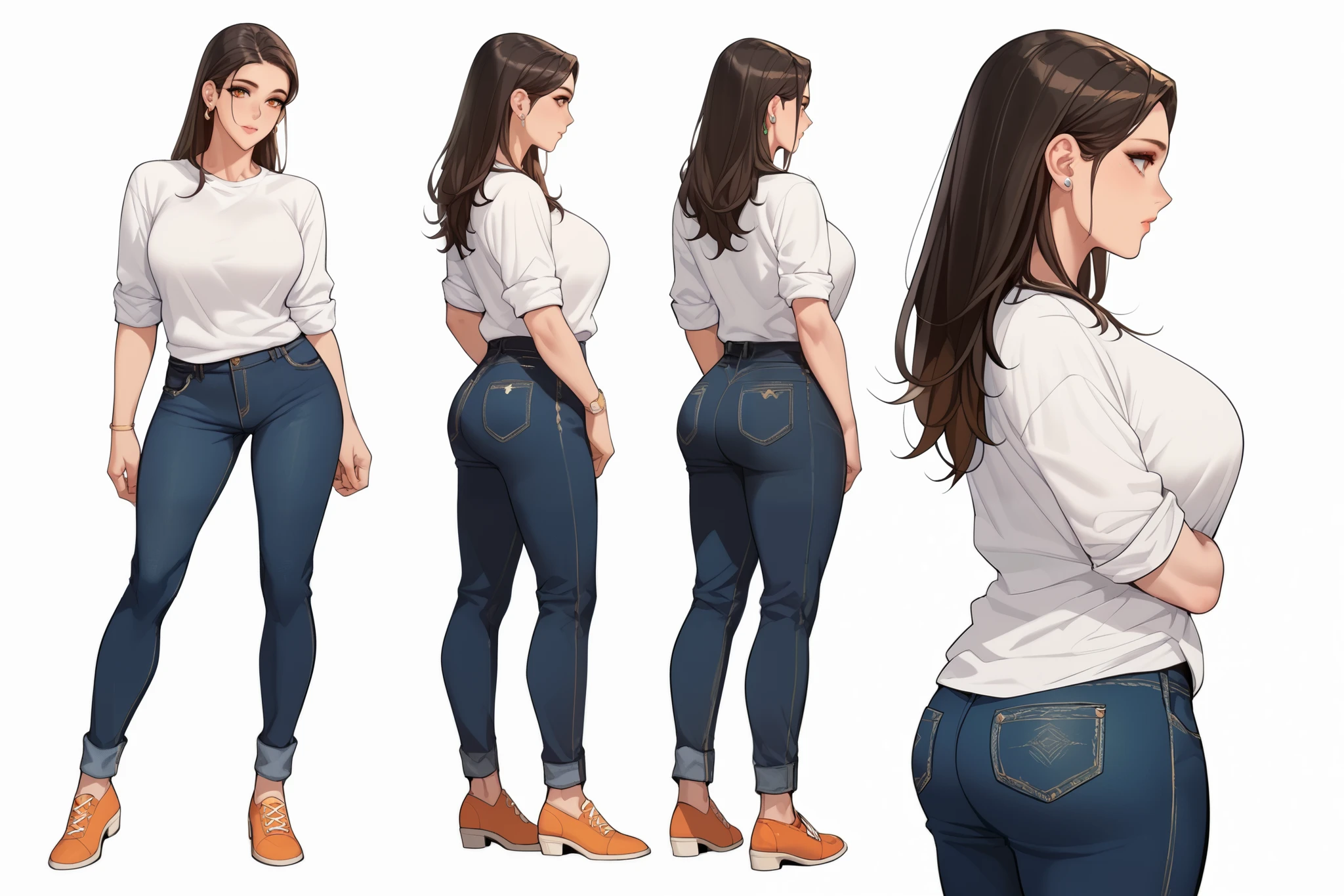 Full-body character sheet of a beautiful woman named sarah depicted from various angles (front view, side view, back view, and 3/4 view) against a plain white background. , sarah is beautiful woman has big breasts wears white tshirt and black jeans and orange shoes