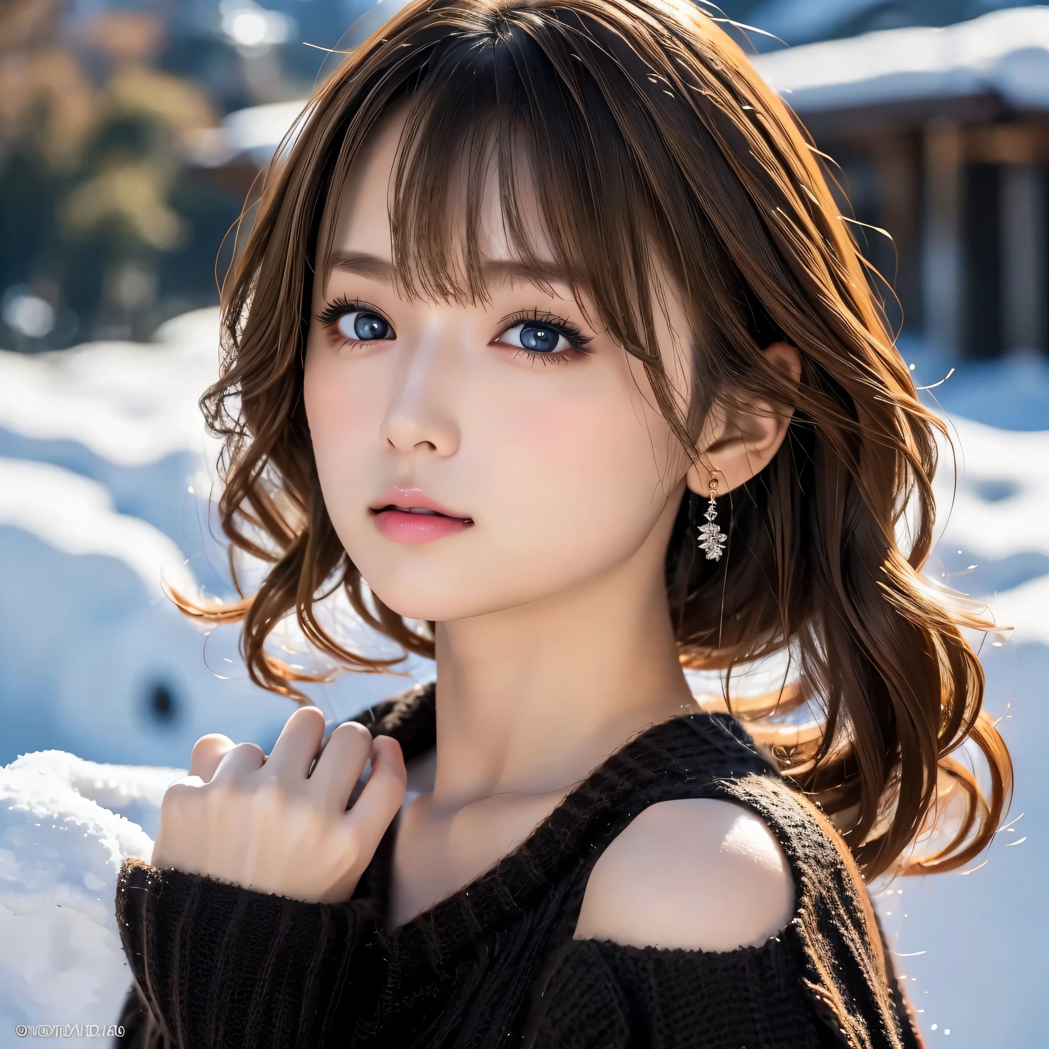 (table top:1.4, Photorealistic:1.4, 8k), Highest quality, masterpiece, Ultra High Definition, perfect dynamic composition, ((light brown hair:1.4、short hair right side ponytail))、high-definition skin and facial textures:1.3, limb details below, (( totally captivates you :0.9)), (Chest, big breasts), (beautiful eyes, black eyes , look towards the photo:0.85), sexy face:0.4, (closed her mouth、 small mouth、Thick lips、eyes that make you feel beautiful eroticism:0.85), (( Too Cute Beauty :0.9)),(('s full body)),((Snow mountain background)),((Black in a sweater))1 girl, solo,