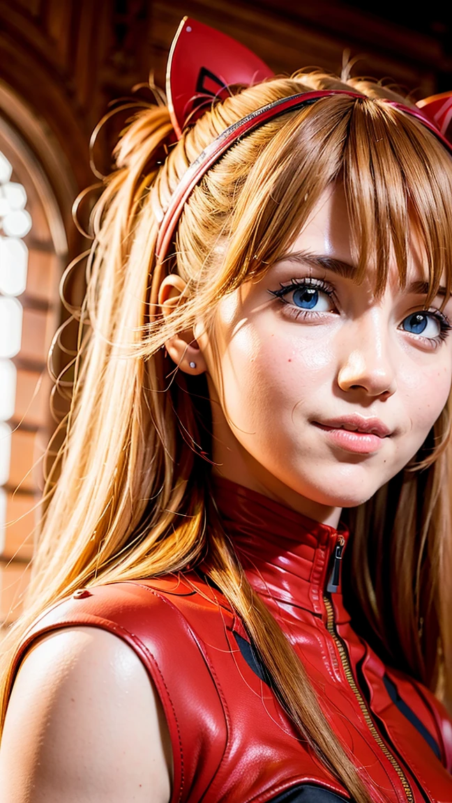 ultra realistic, studio photography, vogue style magazine, asuka langley, neon genesis evangelion anime, red flight suit, beautiful pretty mixed german face, athletic body, posing, standing above a red giant robot, bokeh, 8 k upscale, red hair double ponytails, intense gaze, strong and confident allure expression ,
fierce attitude,
wearing a red outfit , accentuating her curves,
, color palette with vibrant reds and cool blues,
dramatic lighting,casting shadows on her face,
artistic portrait style, combining realism and anime influences.