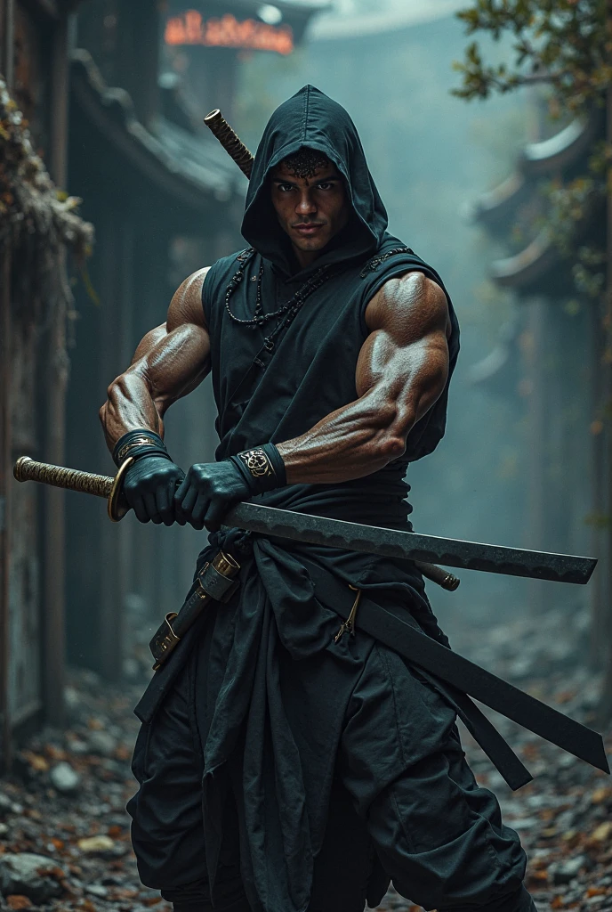 Combination of the compression pole with the cut shirt, along with the mask and the big rag, It will give you a more imposing and powerful air, while cargo pants and Converse maintain their practical style. The large katana also underlines his growth and enhanced abilities.