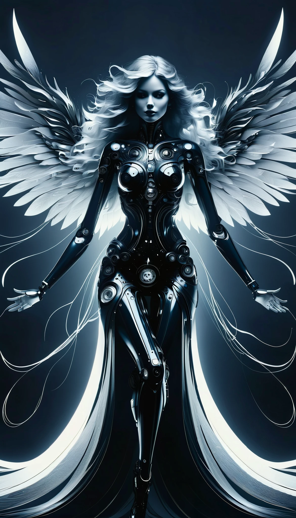 digital illustration, atompunk cyborg, wires, ceramic, female, wings, anachronistic