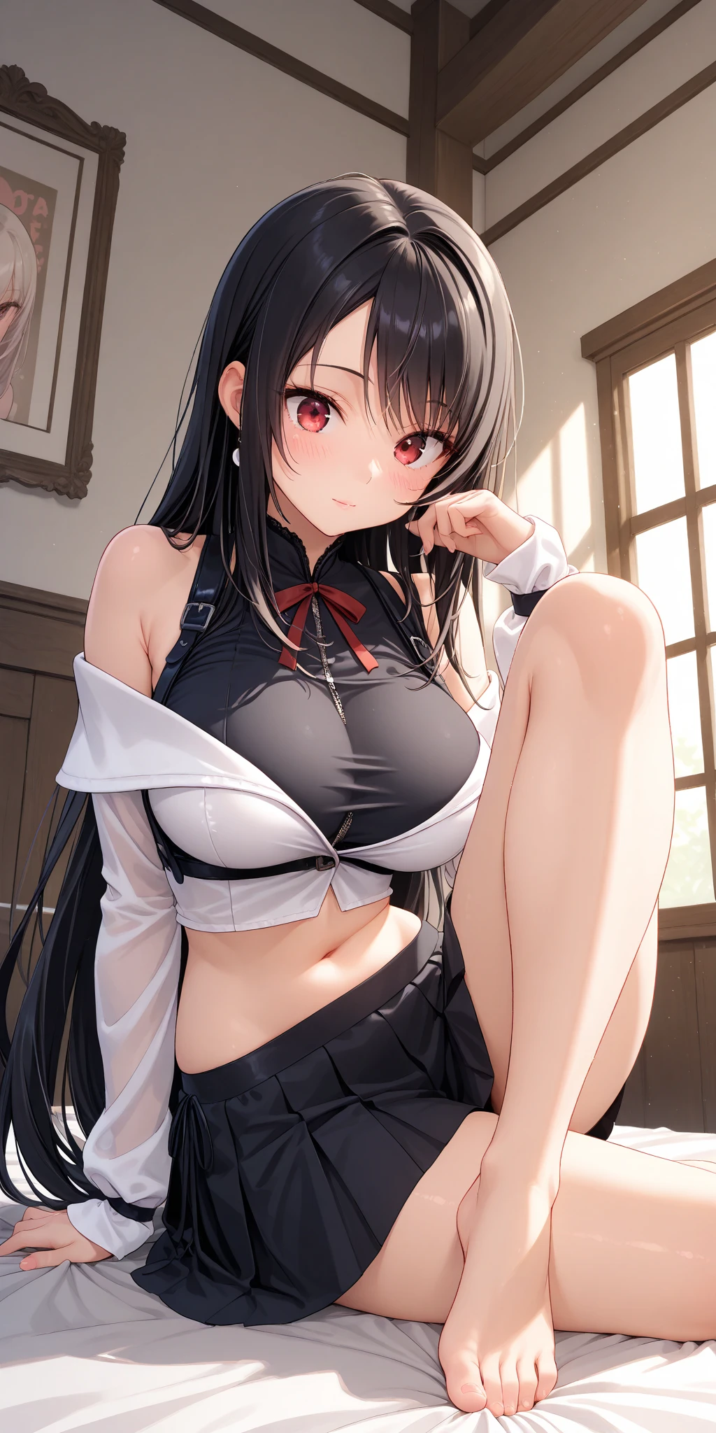 masterpiece, top-quality, the Extremely Detailed CG Unity 8K Wallpapers, Ultra-realistic 8kCG, perfect artwork, The perfect female figure, Dramatic shadows, (Perfect ligthing, Detailed light, (((1girl))), ((long black hair, twintail hair)), Model body type, large full breasts, ((cute face)), red eyes, (looking at viewer), (beautiful eyelashes), horny face, blushing, embarrased, Beautiful face, (beautiful chest line:1.2), (cleavage), beautiful a girl, Exquisite facial features depicting the perfect face, blushing, Naturally beautiful, Sweating, sexy, erotic, curvy body, Light and beautiful thigh expression, mcdonald worker woman, hat, apron, jeans shortpants, garter belts, stockings, sneakers, restaurant, detailed, realistic light and shadow, 8K resolution, (glistning skin:0.9), perfect hand, squatting, panty shot