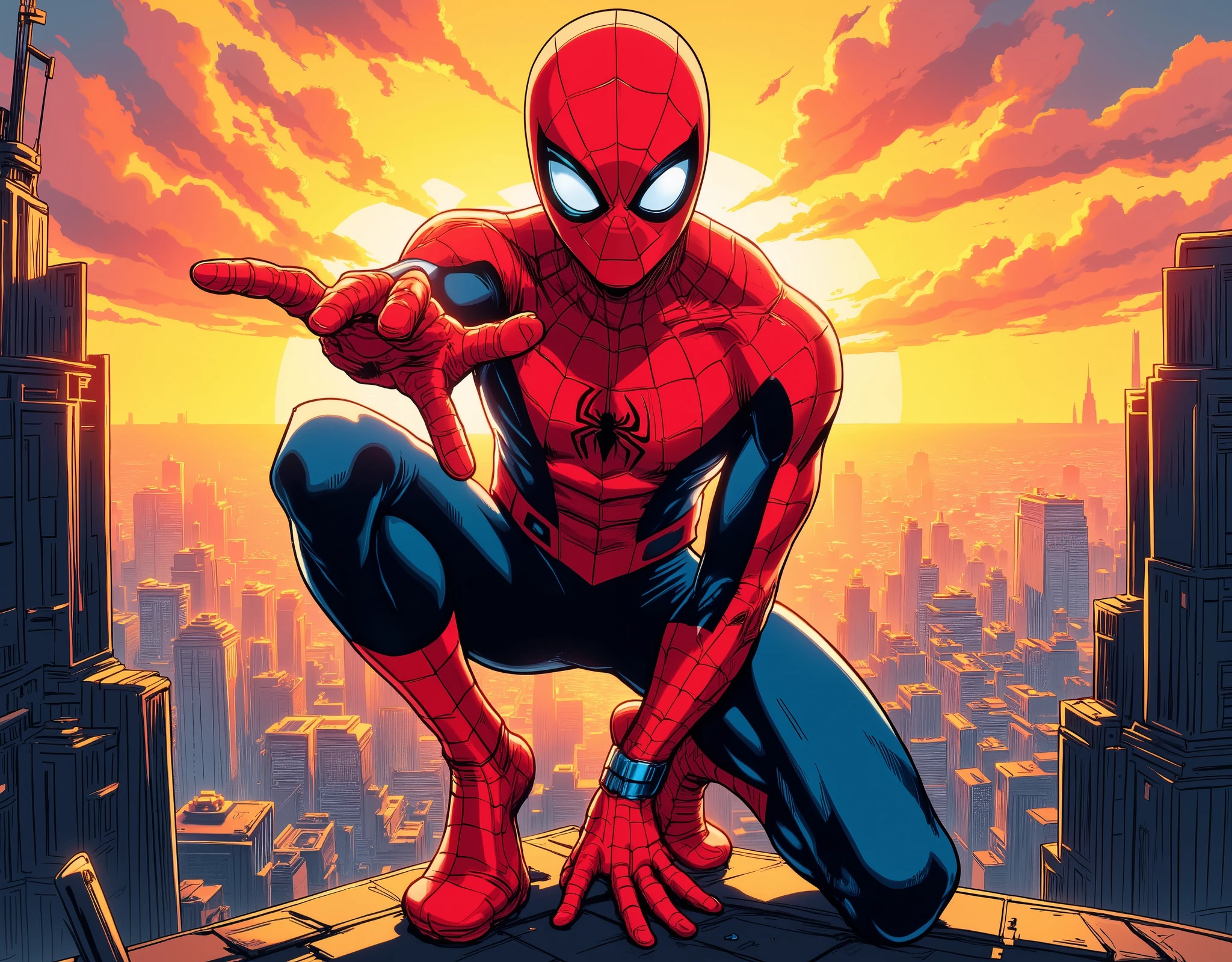 (masterpiece:1.2,Exceptional Quality,Mirror Finish , Cinematic Experience ,  best illustration:2.0,very detailed),8k, wallpaper,(Hero Landing:2.0),( Spider-Man:2.0),( and you're looking at me ),(Get down on one knee on the ground:2.0),(Raise your right knee:2.0),(dynamic:2.0),(Sunset:2.0),(anime artwork:2.0),(  detailed hands:2.0),(Accurate Hand Depiction:2.0),(detailed faces:2.0),( Skyscraper Rooftop :2.0),(front:2.0),( American Comics),(Stanley style)
