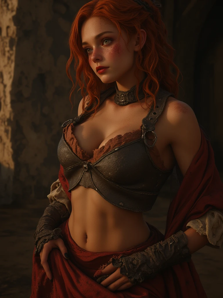 Close-up, (alta qualidade: 1.3), Cinematic Still Shot, obra-prima, (foco nítido: 1.5), (fotorrealista: 1.3), medium portrait of (a tired-looking Viking warrior woman, ruiva, Seios enormes, mas ainda orgulhosa e feroz, now the leader of her village , vestida com cota de malha elaboradamente detalhada e armadura de couro, algumas tochas queimam nas paredes, giving the scene a somber atmosphere, but sculpting the shapes in crisp chiaroscuro), it is night time, (pele altamente detalhada), (rosto detalhado), fundo detalhado, dark ilumination, twilight lighting, volumeric lighting, detalhes complexos, UHD,