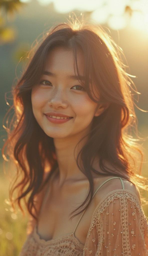 Ultra-high skin detail, Perfect facial details, Black hair, Big hair, clover hair ornament, Moles under eyes, Light smile, (Blue sky:1.3), A girl in a floral shirt and jeans dances on high grass, The grass sways in the wind, Smile, Flowing hair, sun shinning on hair, Solo, with a tree in the background,The canopy is large,(Long legs:1.2), Printed trousers, plump, head out of frame, projected inset, f/1.8, 135mm, Fuji Film, hyper HD, Anatomically correct, Textured skin, High details, Award-Awarded