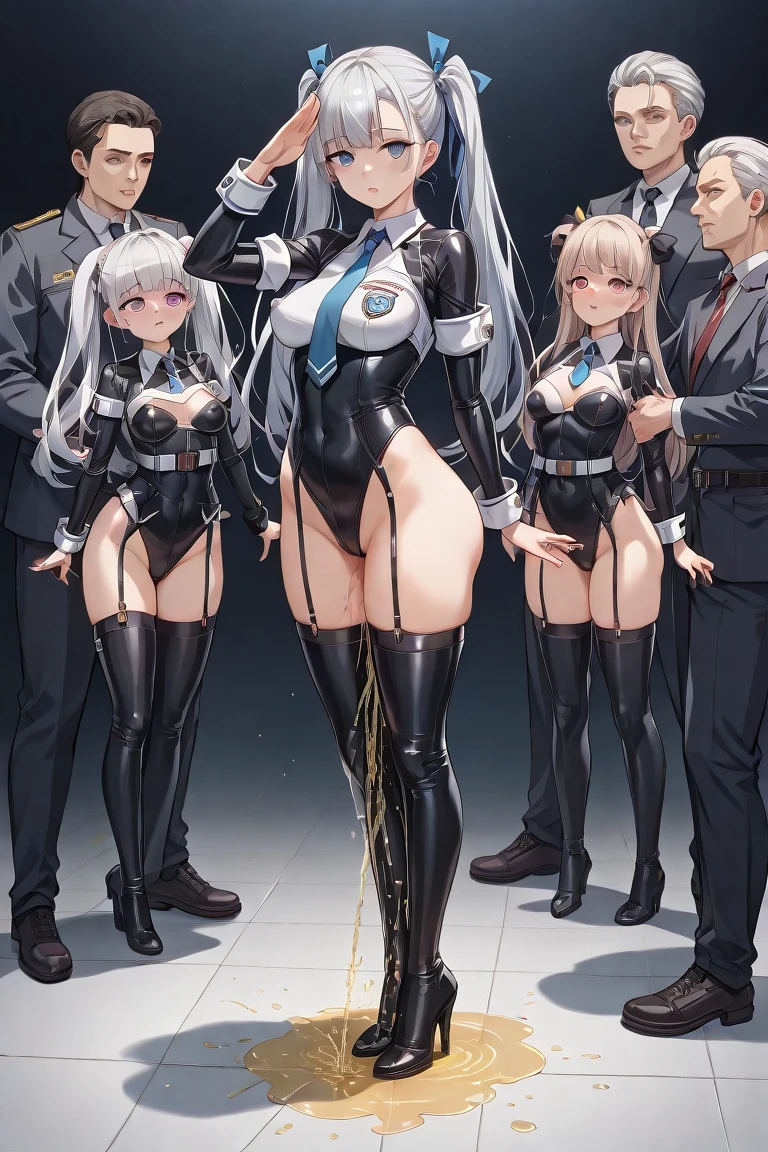 masterpiece, formal, (Three mature female police officers standing side by side、Sticking out towards the viewer:1.3), Bodycon, Micro Dress, (Detailed eyes, Perfect Face, Face Focus:1.2), (Highly wrinkled, shiny clothing that reflects light:1.2), Golden accessories, jewelry, (Hoop Earrings), necklace, belly button, hair ornaments, latex, Glowing Skin, Attractive perfect female proportions, Detailed surface texture, smile, blush, (venue)