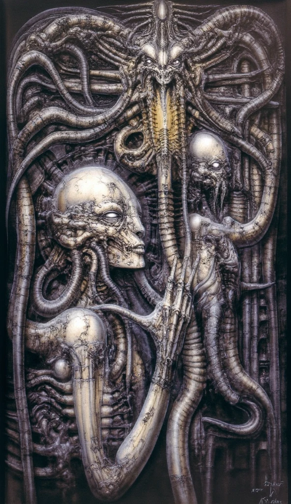g1g3r, The image is a detailed view of H.R. Giger's biomechanical tableau \" Landscape XVI \" plate, featuring
surrealistic painting of a monster with multiple tentacles and a body that looks like a brain, surrounded by a chaotic scene of swirling clouds and other monsters.
It's a complex network of bones and organs in eldritch color scheme:a greenish-brown hue ,swirling gery and brown colors. The artwork is silverish and green brown, with an ivory bones prominently displayed. The image is highly detailed and intricate, almost like a 3d version of a medical sketchwork.
This tableau is an artwork featuring a close-up of a creature that resembles a caterpillar with a white head, surrounded by a complex network of lines and shapes.
Biomechanical landscape by Hans Rudie Giger composed of fossilized and mummified alien life forms. Image depicts a strange and eerie, combines biological and mechanical ,managed to dreamlike quality. These shapes suggest fossilized mummified alien life forms. Central mummy structures and what appears to be a spines of ivory in the foreground are the most identifiable organic elements. The mechanical elements are evident in the wires and tubes emanating from the creatures. In the background shapes are visible that could be interpreted as other fossilized or mummified alien life.
Light source from the top highlights skeletals, upper part of foreground, lower part of image is in shadow.
The piece is a tableau, most likely created with a India ink pen or pencil on paper, determined by the thin lines, shading techniques, and the texture of the paper, which is visible around the edges.
Used is pen, given the shading and variations in line weight visible in the image. Artist have used a variety of stylus with different degrees of hardness to achieve the shading effects.
The use of undersaturated green-grays dark contrasts creates a stark and graphic look. Is used a variety of linework techniques to create different textures.