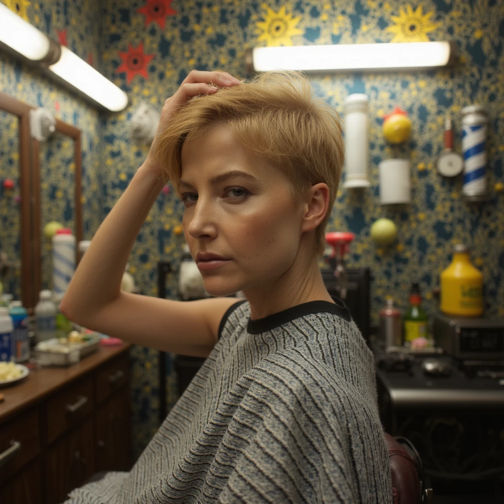 A portrait of a woman named st3v13 with a serious expression. The classic barbershop glows with florescent lights. She's draped in a pinstriped barber cape, her hair freshly cut. She has a very short blond pixie cut, a radical new look for her. Her hand is lifted to her head, her fingers touching the back of her shorn head, feeling the foreign feeling of her new short hair.