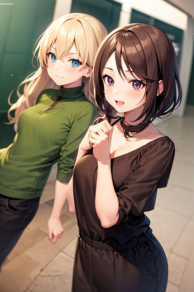 2D anime style woman with brown hair, fringe on the forehead, green left eye and purple right eye