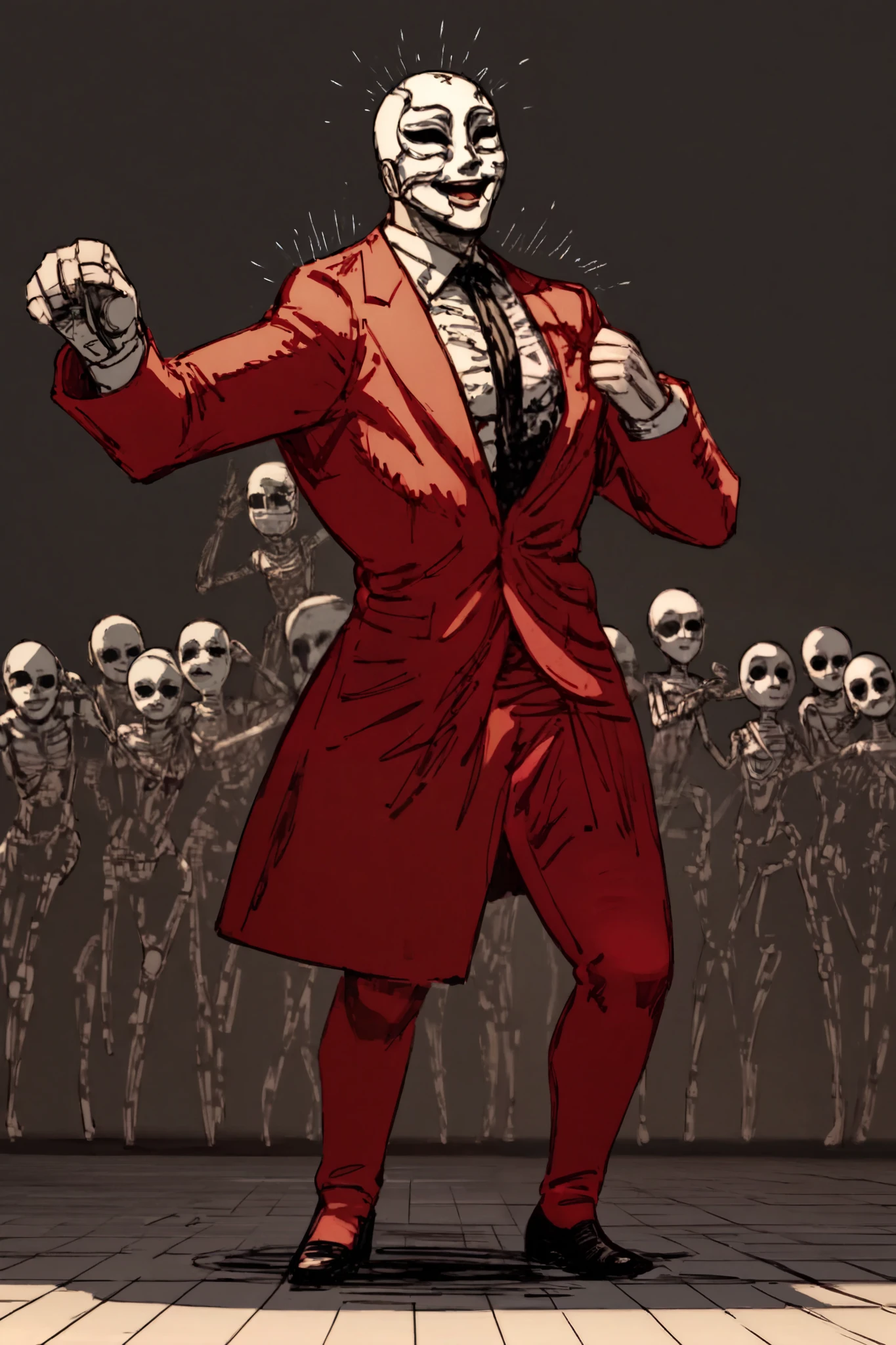 appearance: A creature shaped like an incomplete mannequin, dressed in a blood-red suit and a white shirt soaked in dark fluids. His face is a porcelain mask with a forced smile, but underneath the mask there is a shapeless mass of flesh without eyes or mouth, only muscles twitching in spasms. His torso is divided into four sections, each with a stitched mouth that opens when singing. Around you, a pack of humanoid shadows dances with erratic movements, as if they were trapped in a cursed concert.