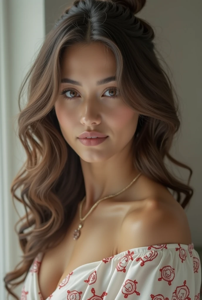 A hyper-realistic portrait of a woman in her mid-20s with flawless, smooth skin and a natural complexion. She has long, flowing hair that is either straight or slightly wavy, with natural highlights. Her eyes are expressive, with defined lashes and a soft, neutral makeup look. She is wearing a casual yet elegant outfit, such as a simple blouse or dress in a solid color. The background is softly blurred to keep the focus on her face, with natural lighting that enhances her features. The image captures a serene and confident expression, showcasing beauty and realism