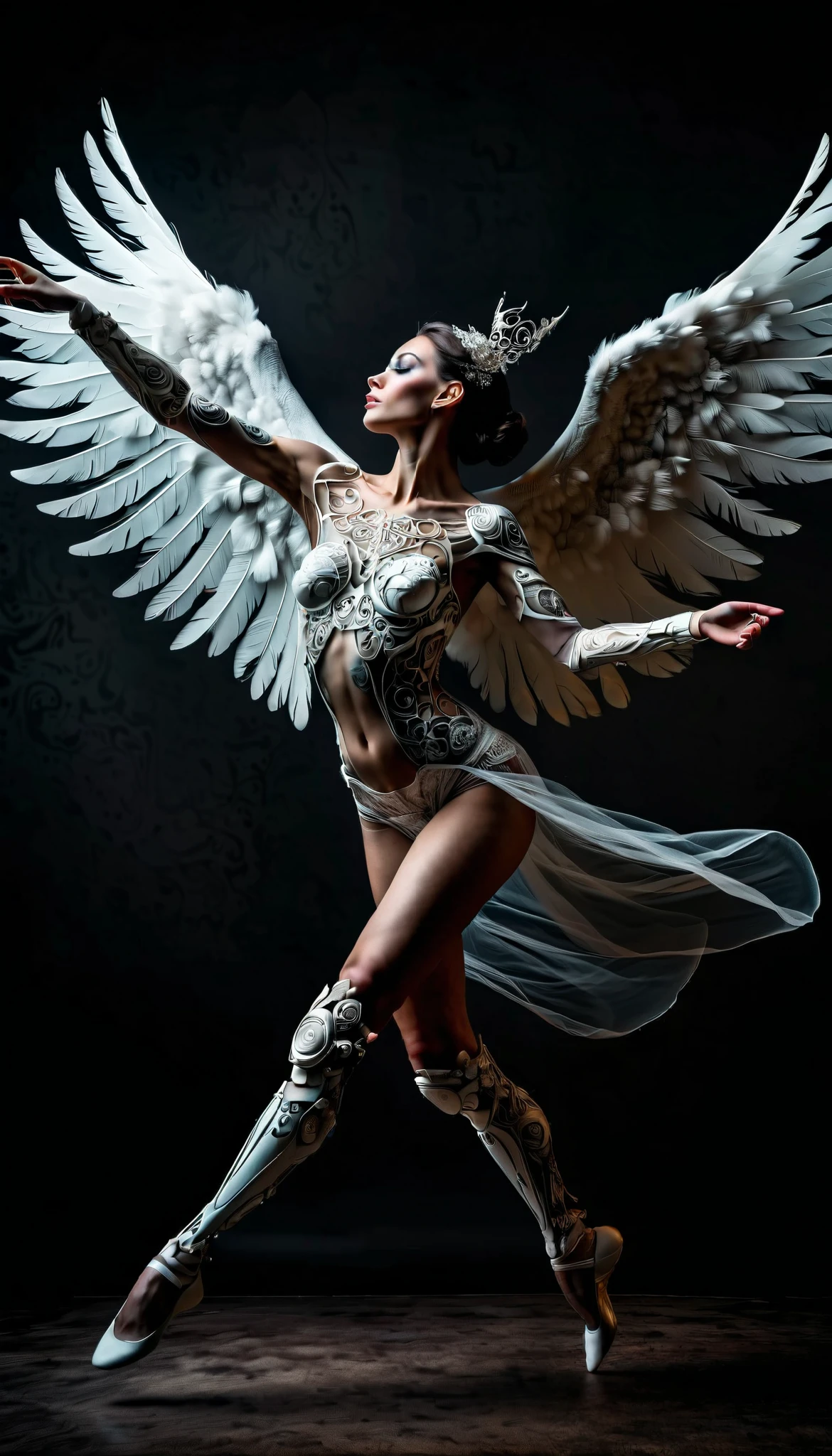 high quality professional portrait photography,Elegant and delicate,happy dancing living mechanical angel,full body,divine white face,devilish black body,Dynamic dance,high dynamic black and white, Super Realistic ,4k HD,Professional level, rich in details,real photo post-production,HDR,Extreme Details,Professional presentation,Vivid and eye-catching