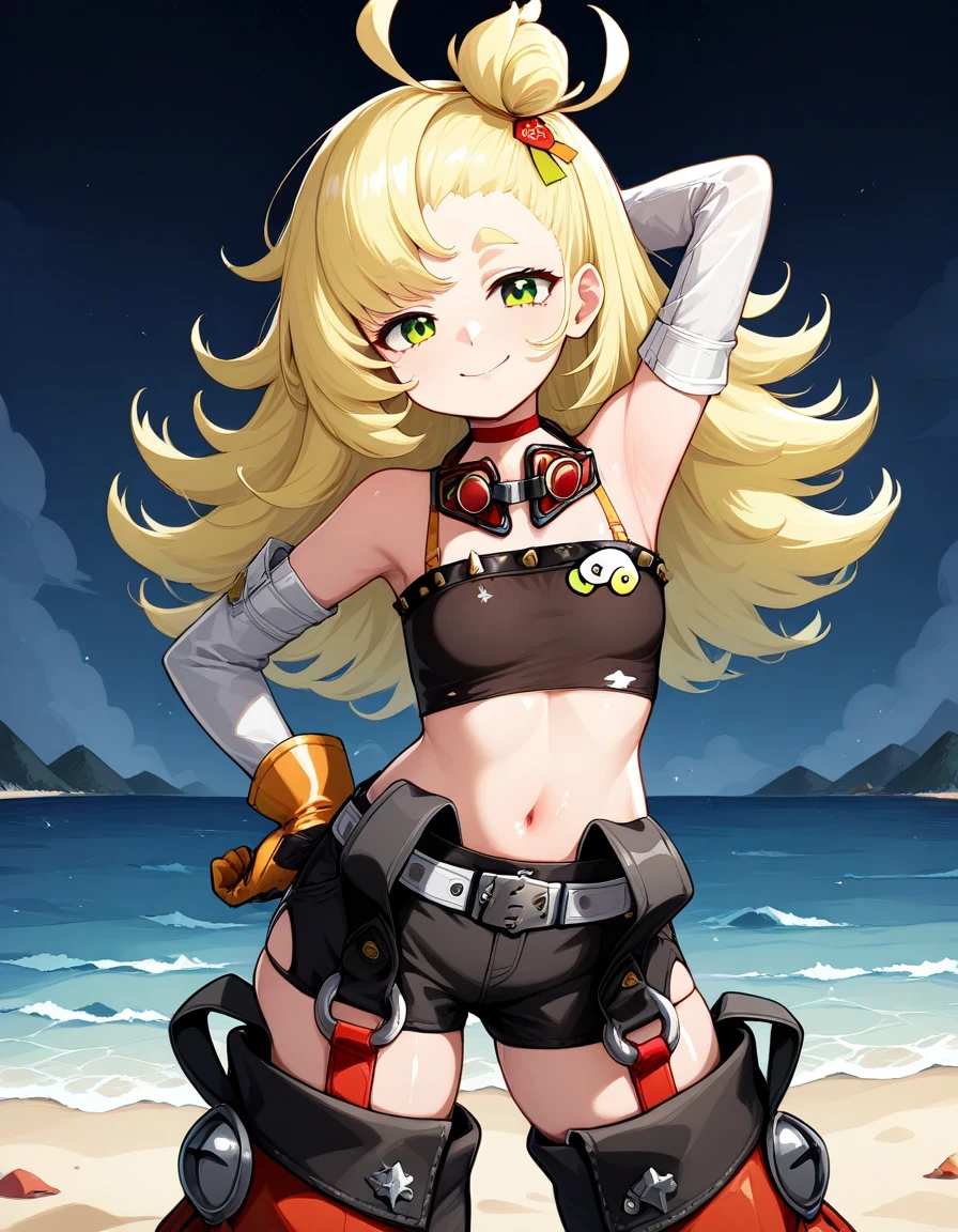 long hair, messy hair, blonde hair, green eyes, topknot, hair ornament, detached sleeves, orange gloves, tube top, Goggles Around Neck, shorts, chaps, Detached Leggings, strap, high quality, solo, shiny skin, night sky, beach, arm behind head, hand on hip, (contrapposto), closed mouth, smile, cowboy shot, looking at viewer, best quality