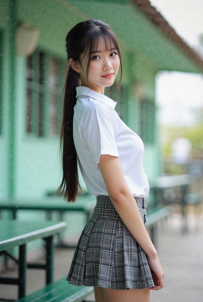 (highest quality, 8k, 32k), masterpiece, 超High resolution, (realistic: 1.4), RAW photo、masterpiece、very delicate and beautiful、light smile、highest quality、Super detailed、High resolution、very detailed、sexy pictures,1girl, big breasts, big breasts, black hair, bangs, long hair (long hair: 1.4),long hair, 19 years old, NSFW, NSFW, 8k RAW photo, highest quality, masterpiece, 超High resolution, film grain, movie, 1 girl, looking at the viewer, natural skin texture, Realistic eye and face details, full lips, lipstick, (compensate), red eyeshadow, fluffy short hair, messy hair, smile, close your mouth, beautiful foot, tall woman, skinny, slim_foot, alone, cleavage, buttを自分に向けたポーズ, super short skirt, butt, shirt, beautiful natural location, around flowers location, (detailed background), plaid skirt, white shirt, cleavage, Show a little cleavage through the shirt, loafers, blurry background, blurry, holding, plaid, short sleeve, jk ribbon on the neck, jk ribbon, brown hair, bracelet, water, bangs, , jewelry, parted lips, lips, From the side, pleated skirt, flipping up the skirt by oneself, Panties are slightly visible, I can see white panties, Depth of the bounds written, beautiful fingers, beautiful hands, fingertip, nail, arms behind back,