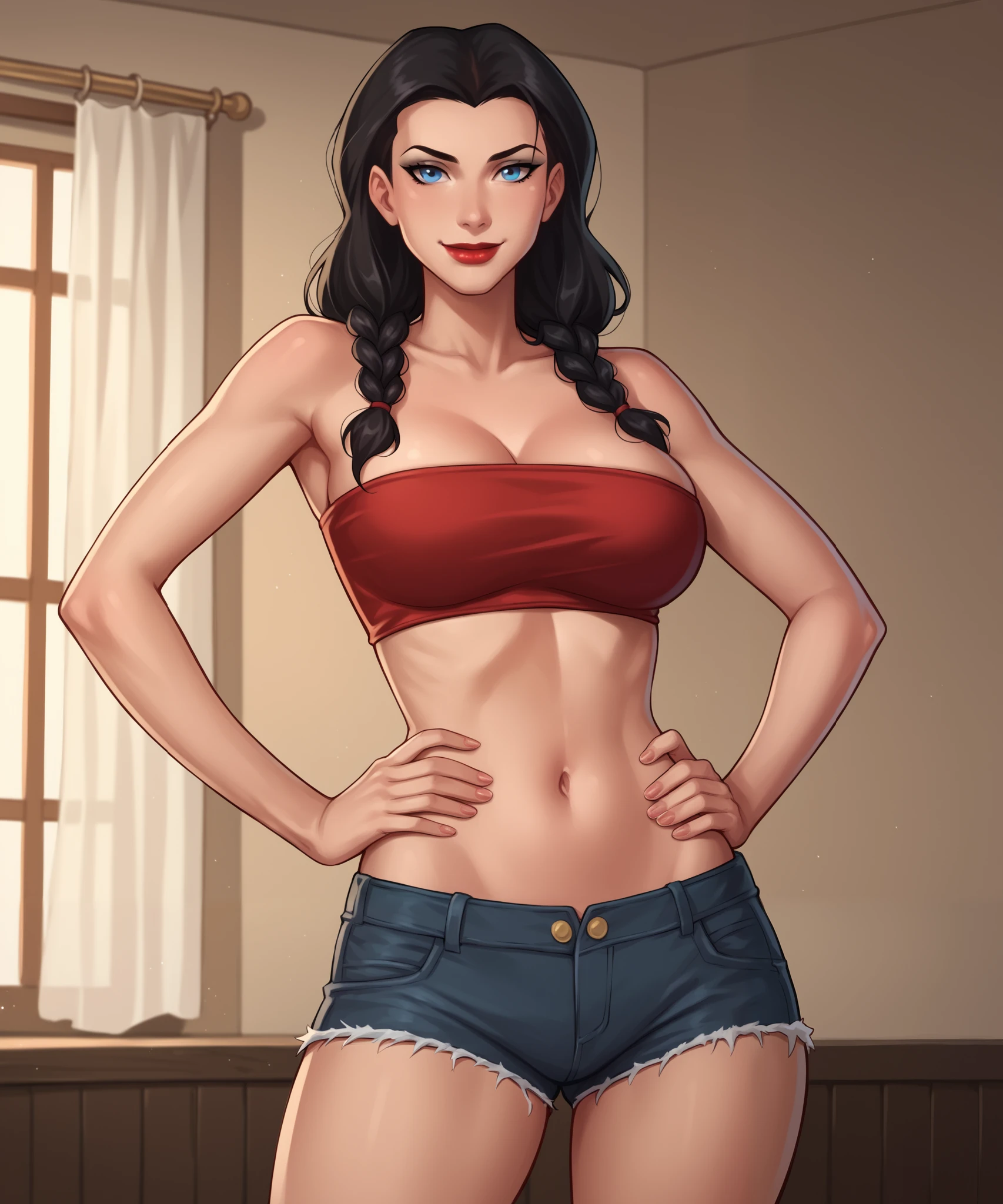 safe_pos, PonyXLV6_Scores BREAK ((parody style, parody), perfect anatomy, perfect eyes, cowboy shot), BREAK zatanna, black hair, waterfall braids, blue eyes, light red lipstick, black makeup, ((looking at viewer)), red velvet jean shorts, curvy, athletic, large breasts, standing, indoors, smile, closed mouth,  bedroom , happy expression, standing, red velvet tube top, hands on hips, seductive pose, sexually suggestive pose